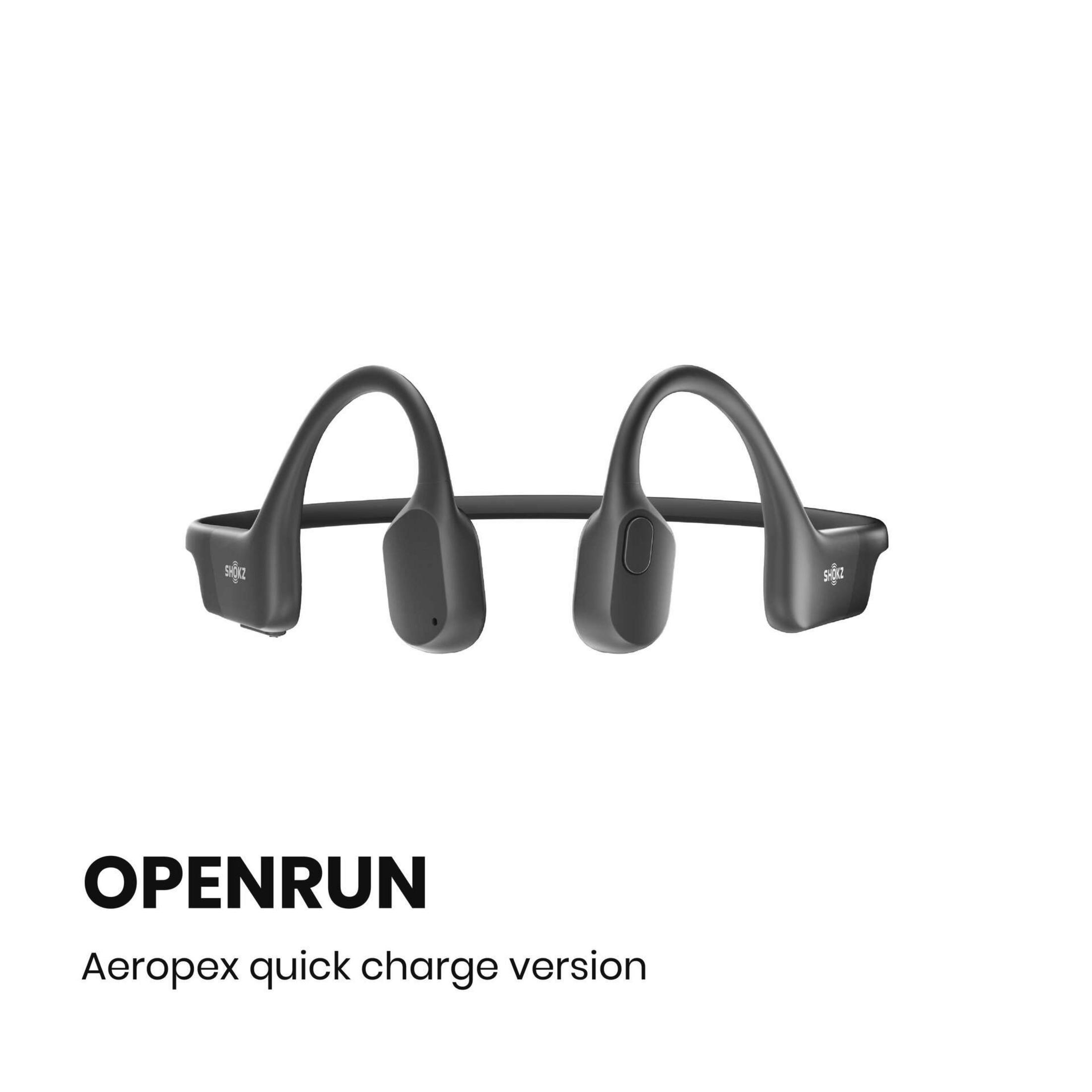 Schwarze Knochenleitungskopfhörer mit OpenRun-Text auf weißem Hintergrund.