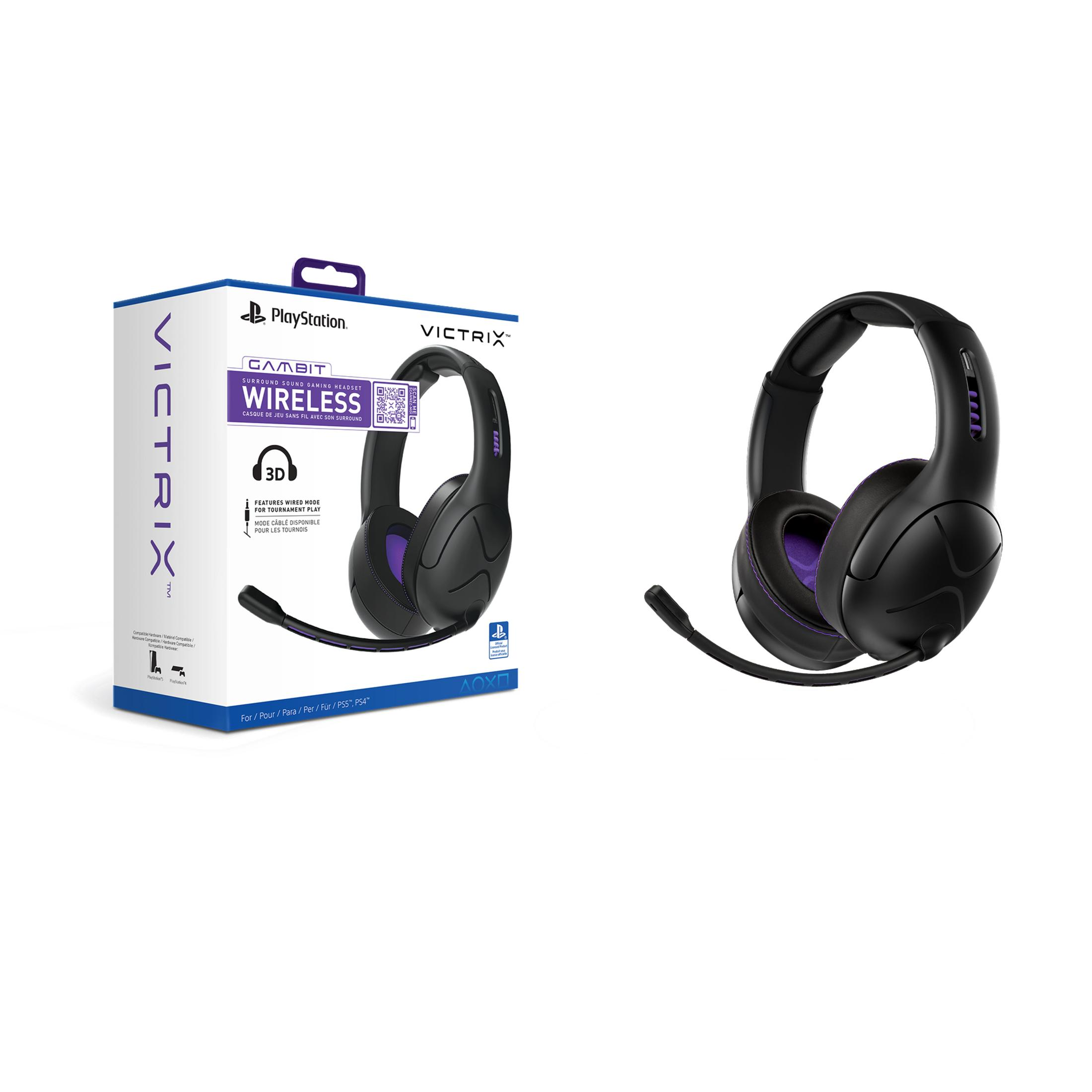 Czarne i fioletowe bezprzewodowe słuchawki do gier Victrix i pudełko, białe tło.
