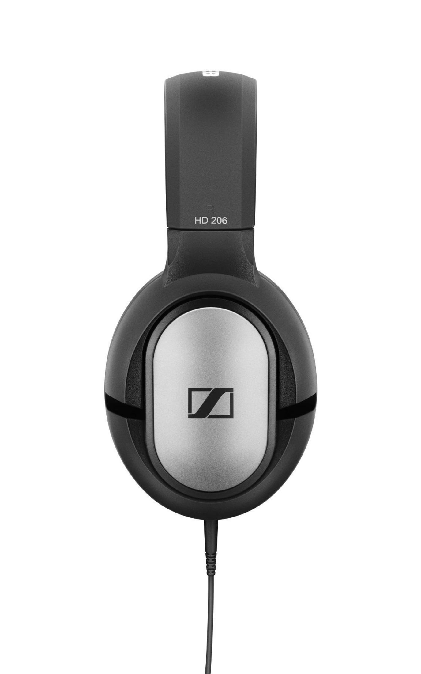 Auriculares Sennheiser HD 206 negros, vista frontal, sobre fondo blanco.