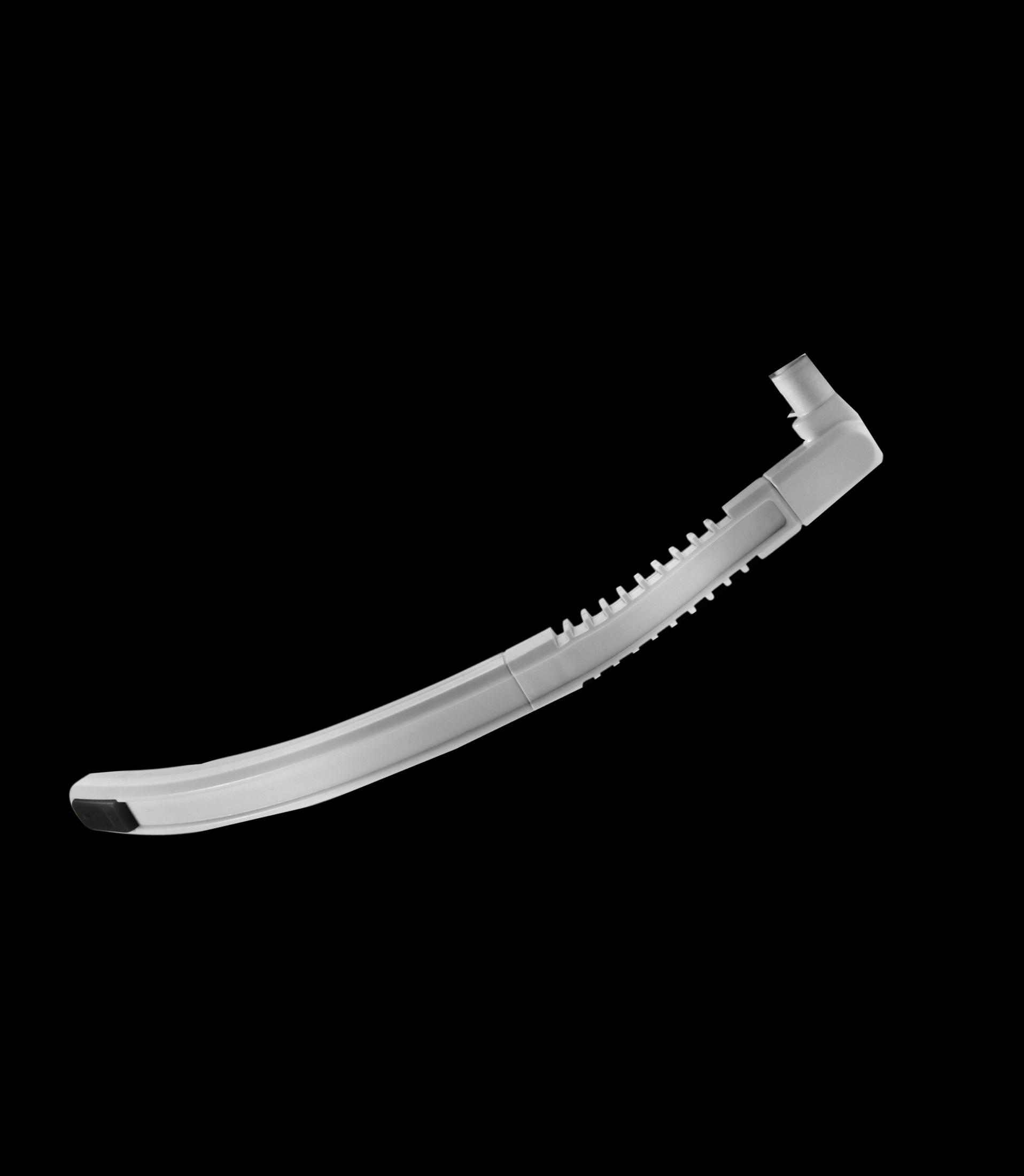 Un snorkel blanco. Tiene un diseño curvo y una boquilla negra.