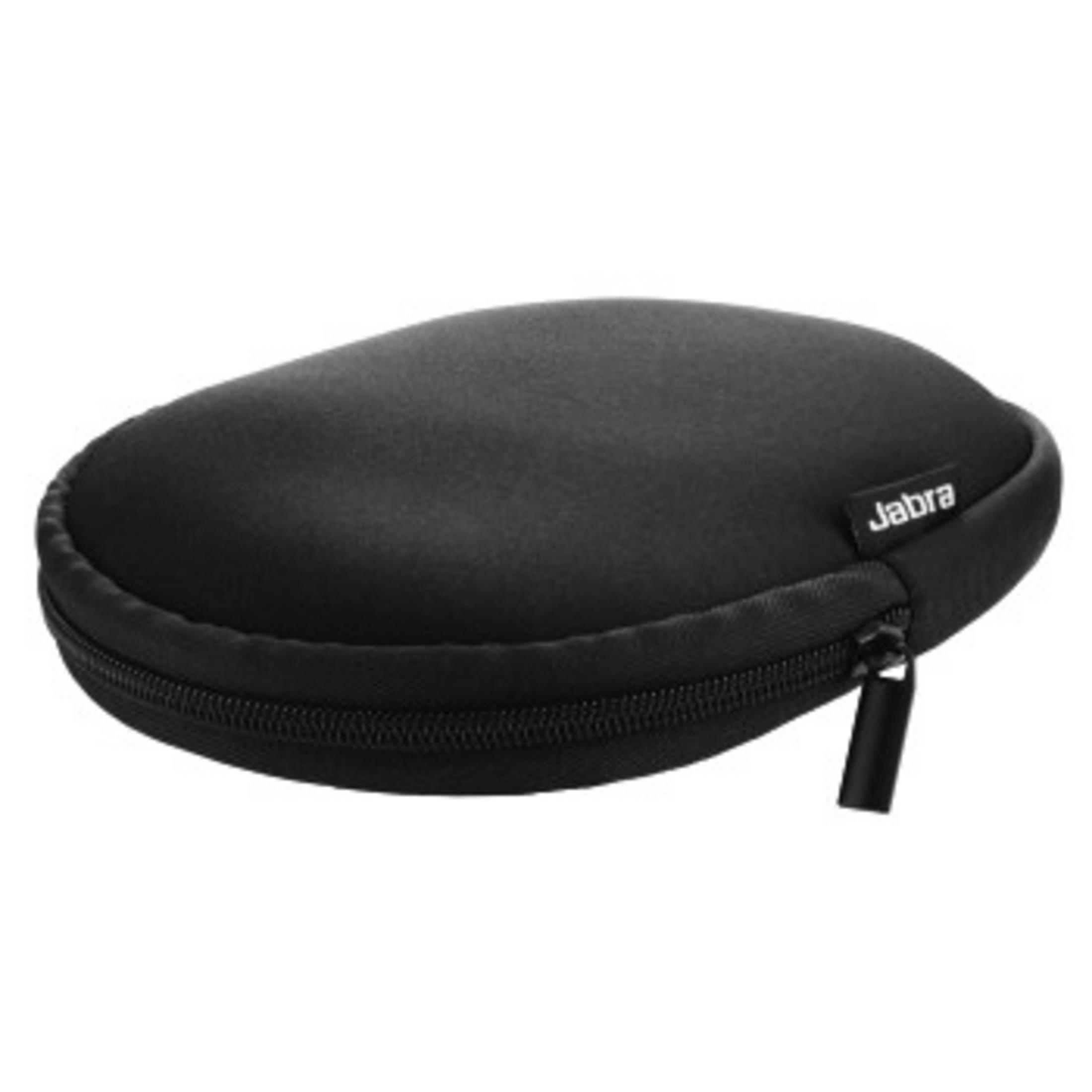Eine schwarze ovale Tragetasche mit Reißverschluss und dem Jabra-Logo.