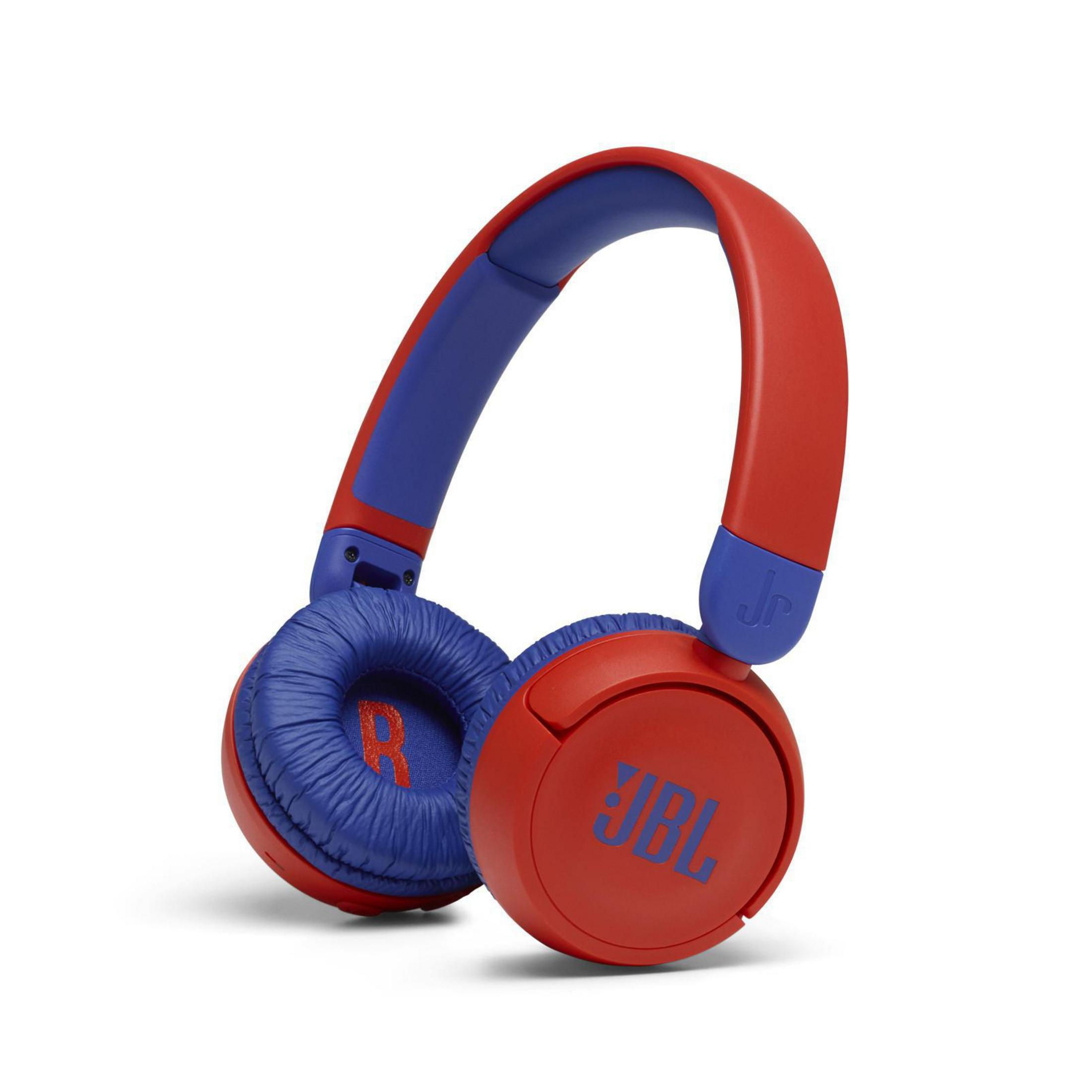 Auriculares JBL rojos y azules. El logotipo de JBL es visible.