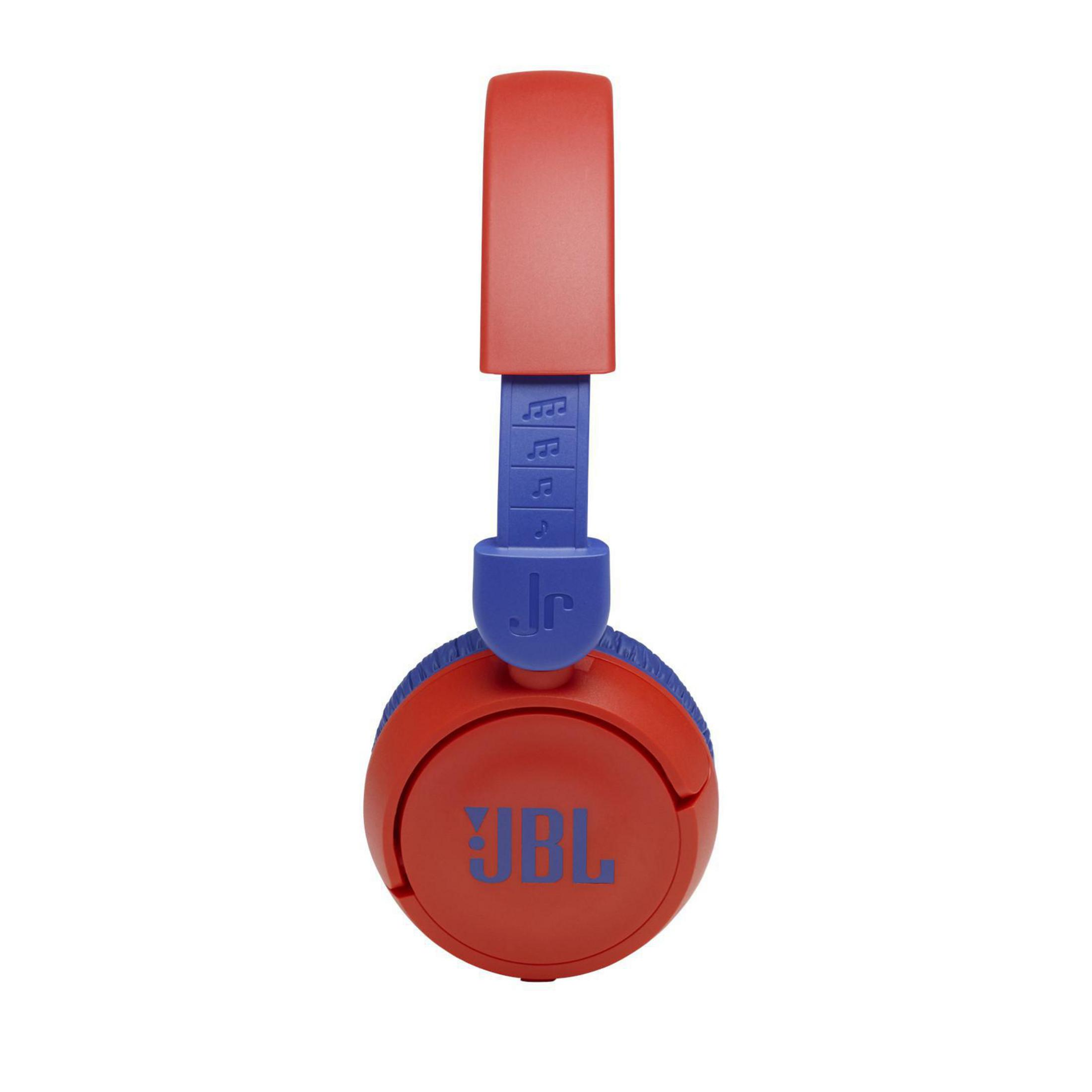 Auriculares JBL rojos y azules, con fondo blanco.