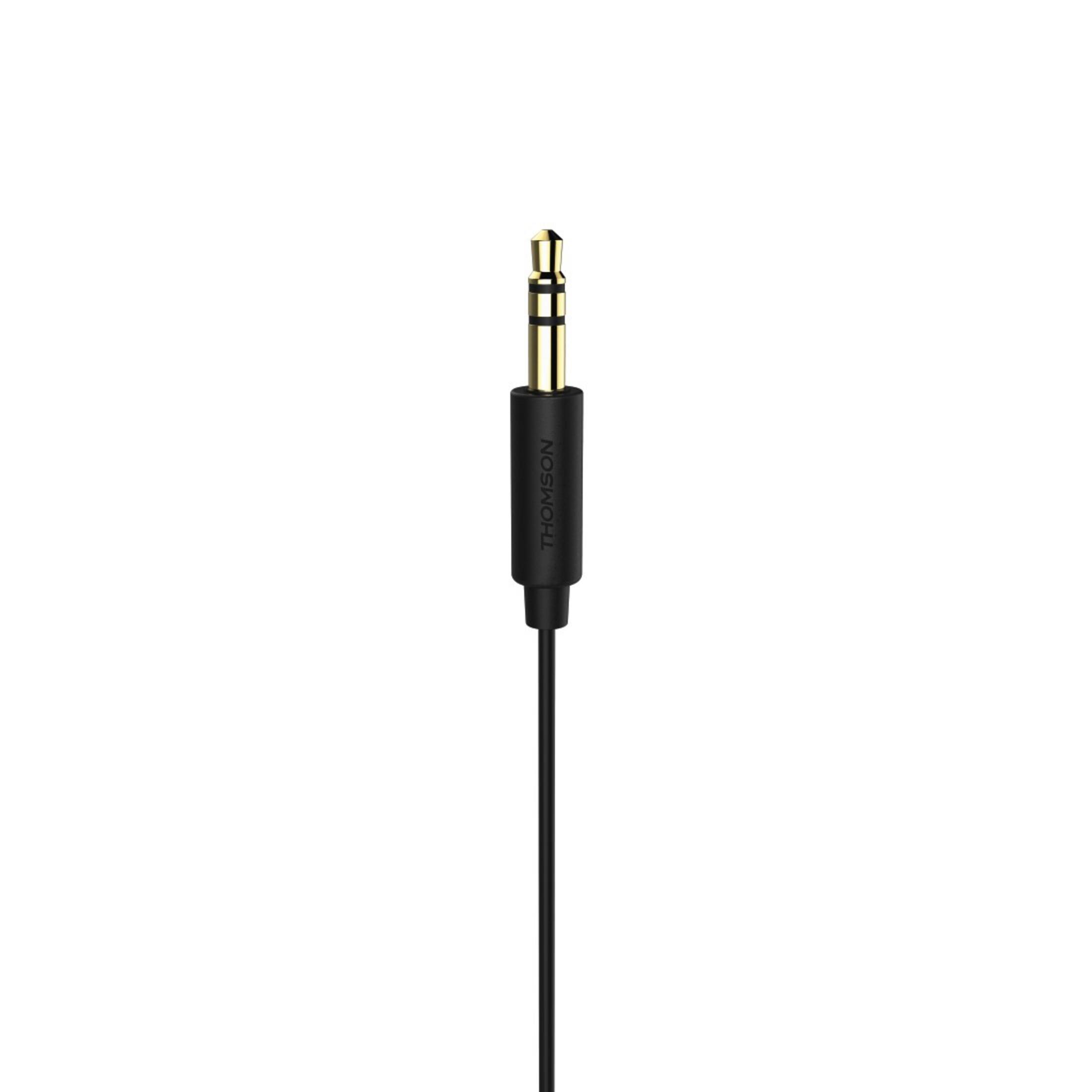 Jack audio nero e dorato con cavo nero. Etichetta Thomson visibile.
