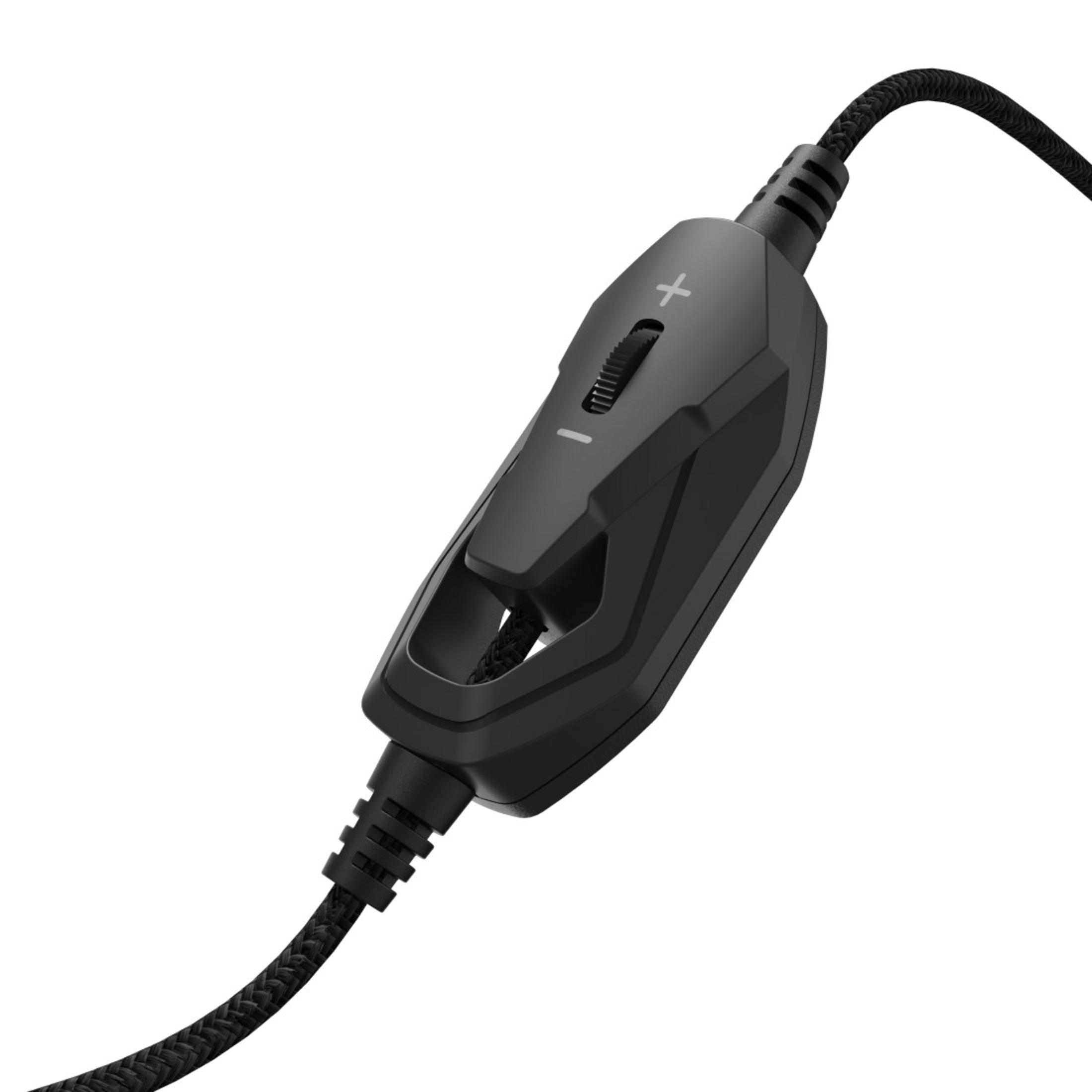 Eine schwarze Inline-Steuerung für Kopfhörer mit Lautstärke- und Mikrofonreglern.