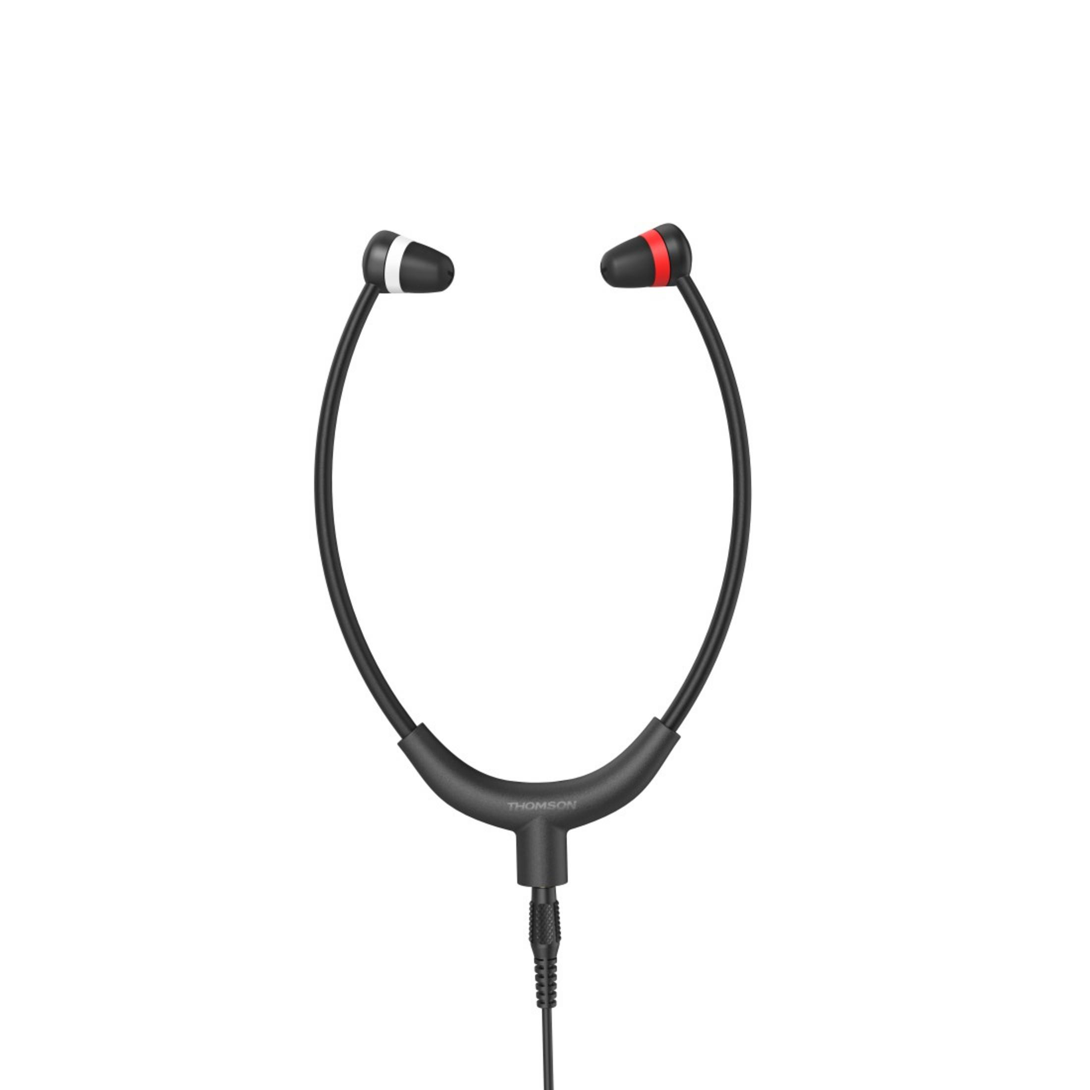 Schwarze und rote In-Ear-Kopfhörer mit Nackenband, vor weißem Hintergrund.