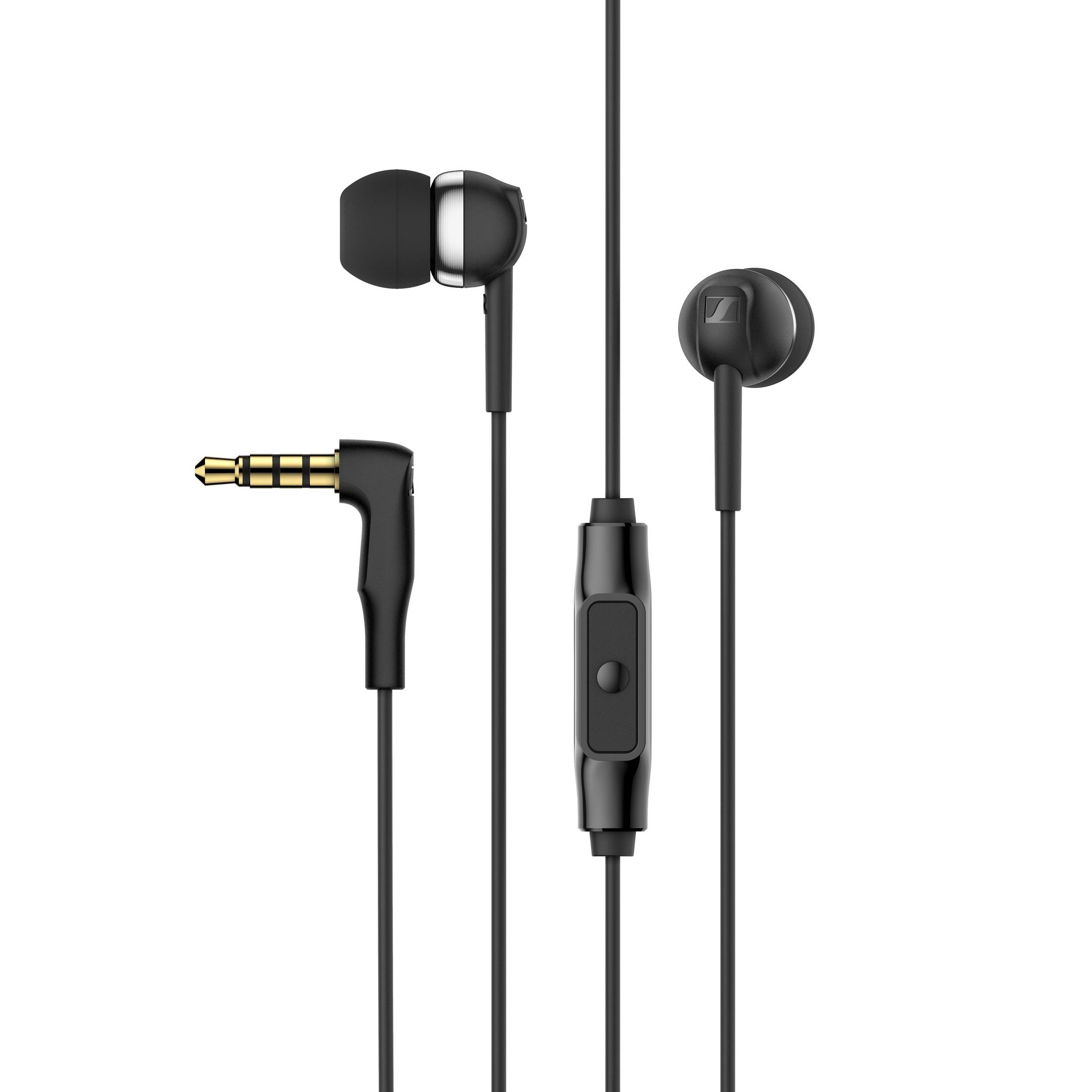 Zwarte oortelefoons met een kabel, een besturingsmodule en een vergulde jack.