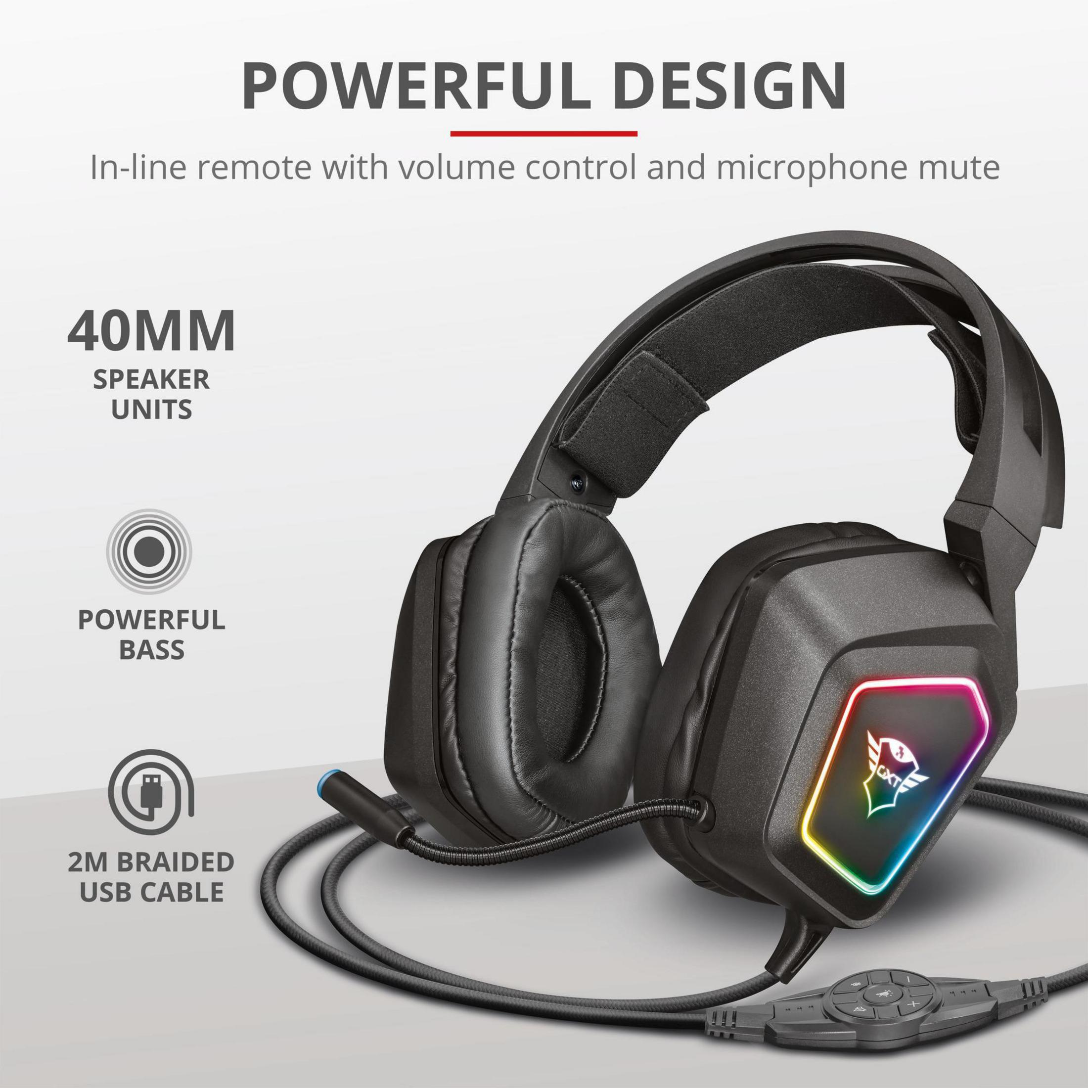 Auriculares para juegos negros con micrófono y luces de colores, texto al lado.