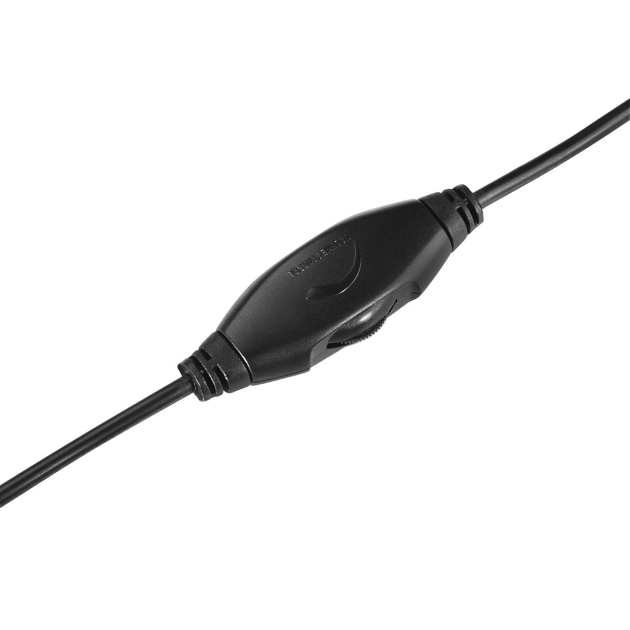 Close-up van een zwarte kabel met een zwarte volumeregeling.