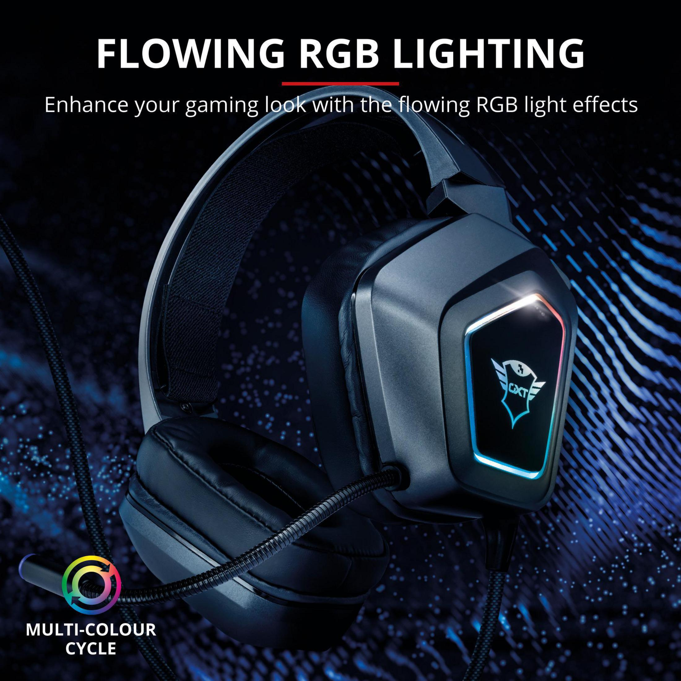 Auriculares gaming con iluminación RGB, colores negro y azul, y micrófono.