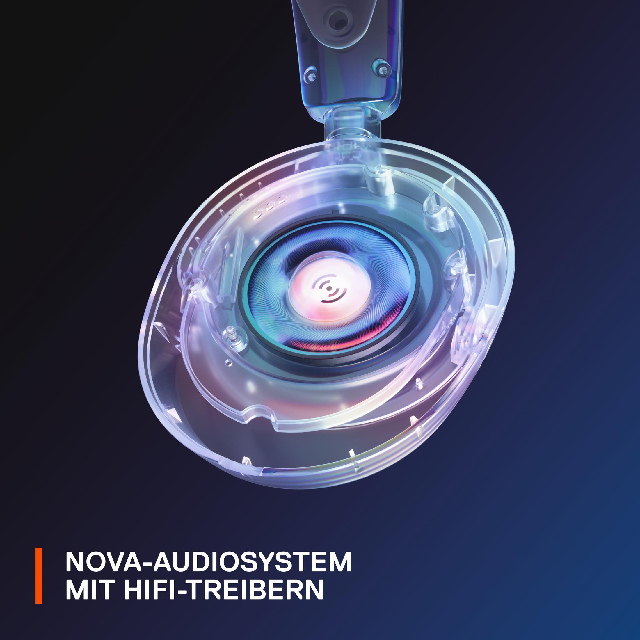 Nahaufnahme eines transparenten Kopfhörerlautsprechers, der interne Komponenten zeigt.