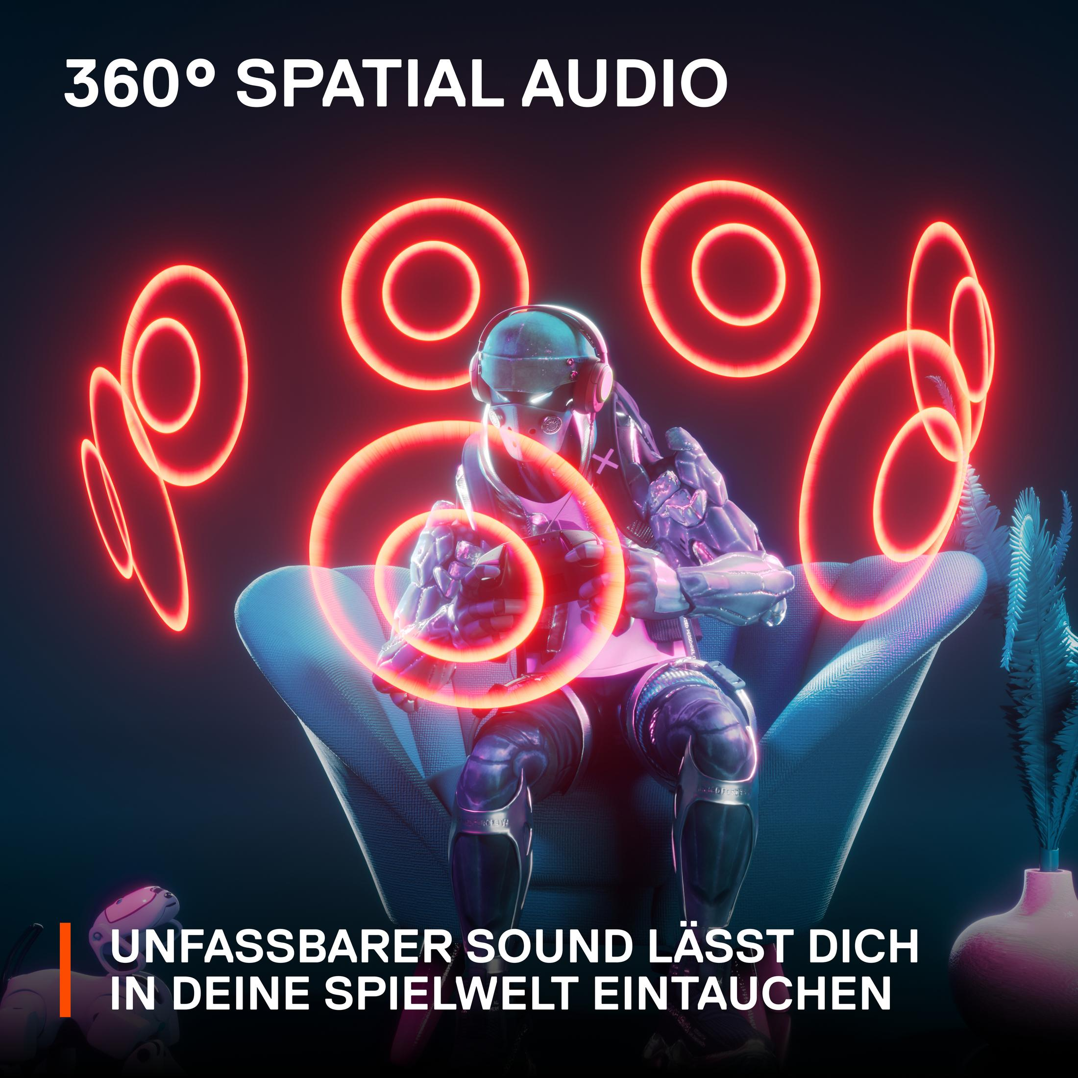 Eine Person sitzt in einem Stuhl mit roten Ringen um sich herum. Der Text lautet 360° Spatial Audio.