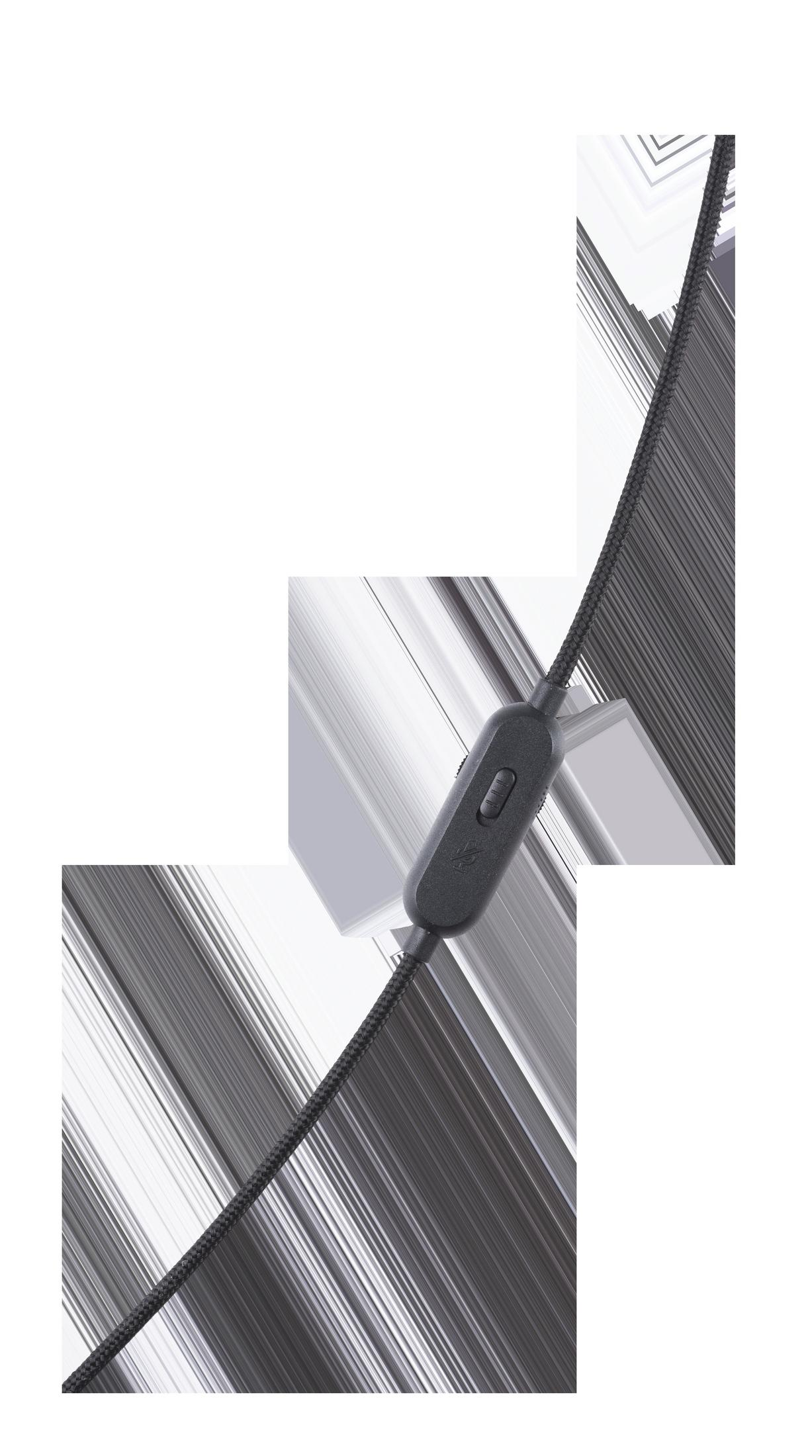 Zbliżenie kabla zestawu słuchawkowego z suwakiem regulacji głośności.