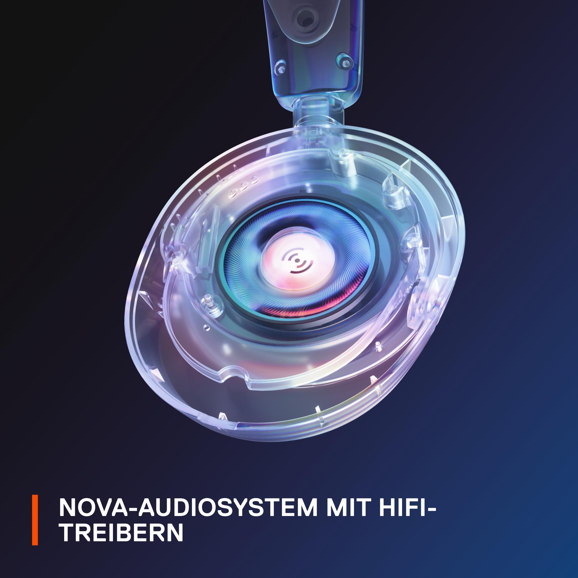 Close-up of a transparent headphone speaker with a blue and red spiral design inside.