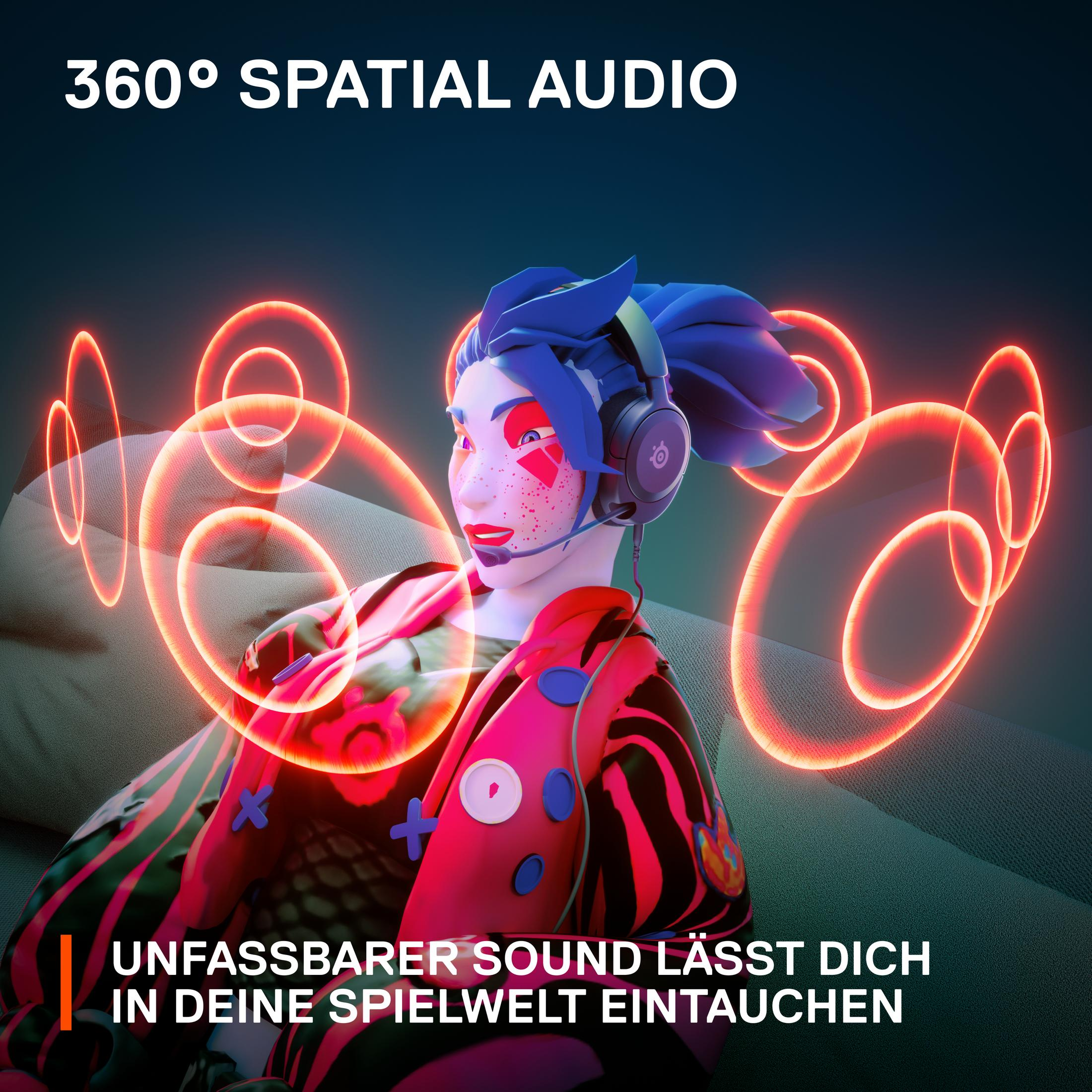 Animated character with headset and glowing red audio waves. Text: 360° spatial audio, immersive sound.