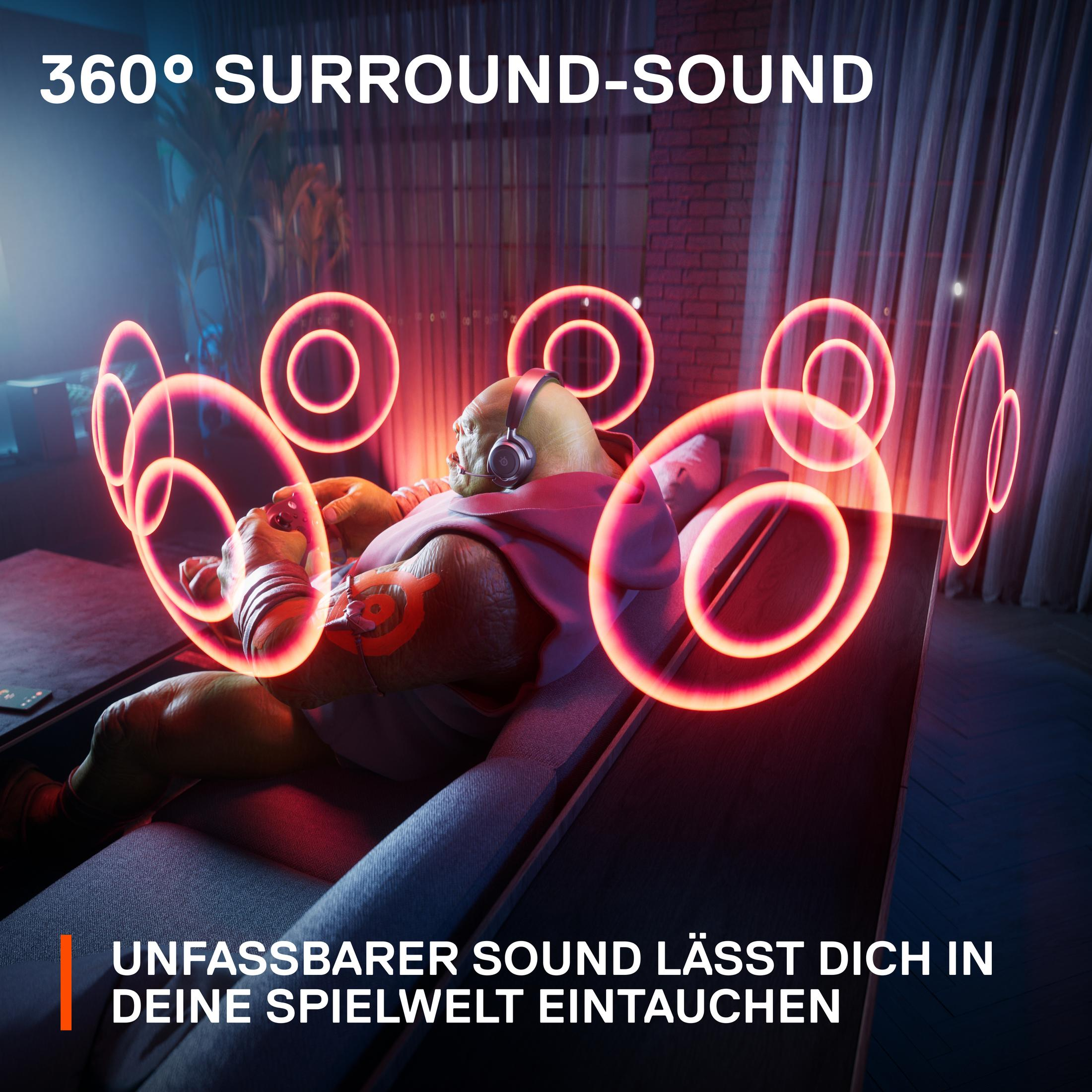 Eine Zeichentrickfigur mit Kopfhörern in einer neonbeleuchteten Umgebung mit Soundeffekten.