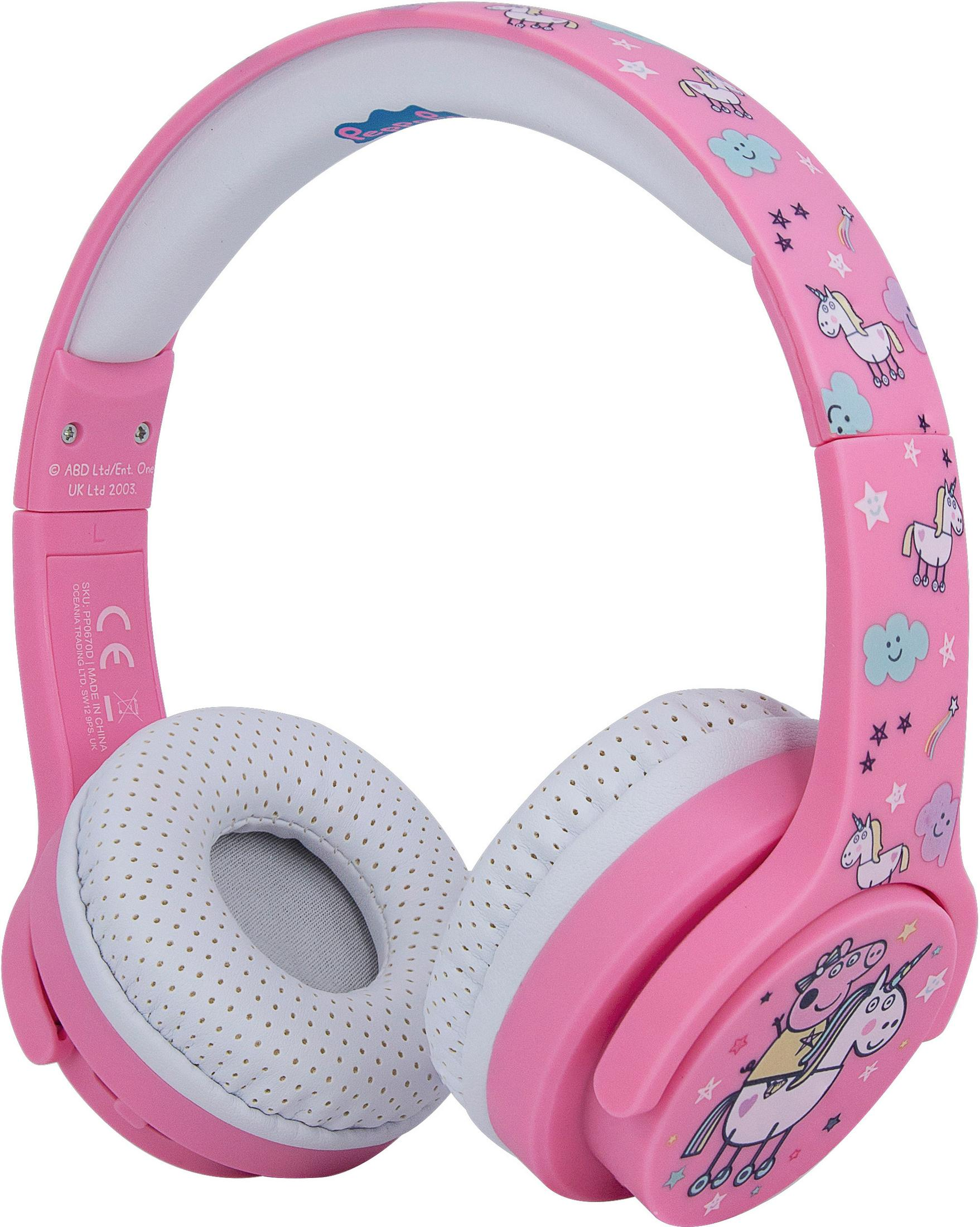 Auriculares rosas para niños, decorados con unicornios, nubes y estrellas, con almohadillas blancas.