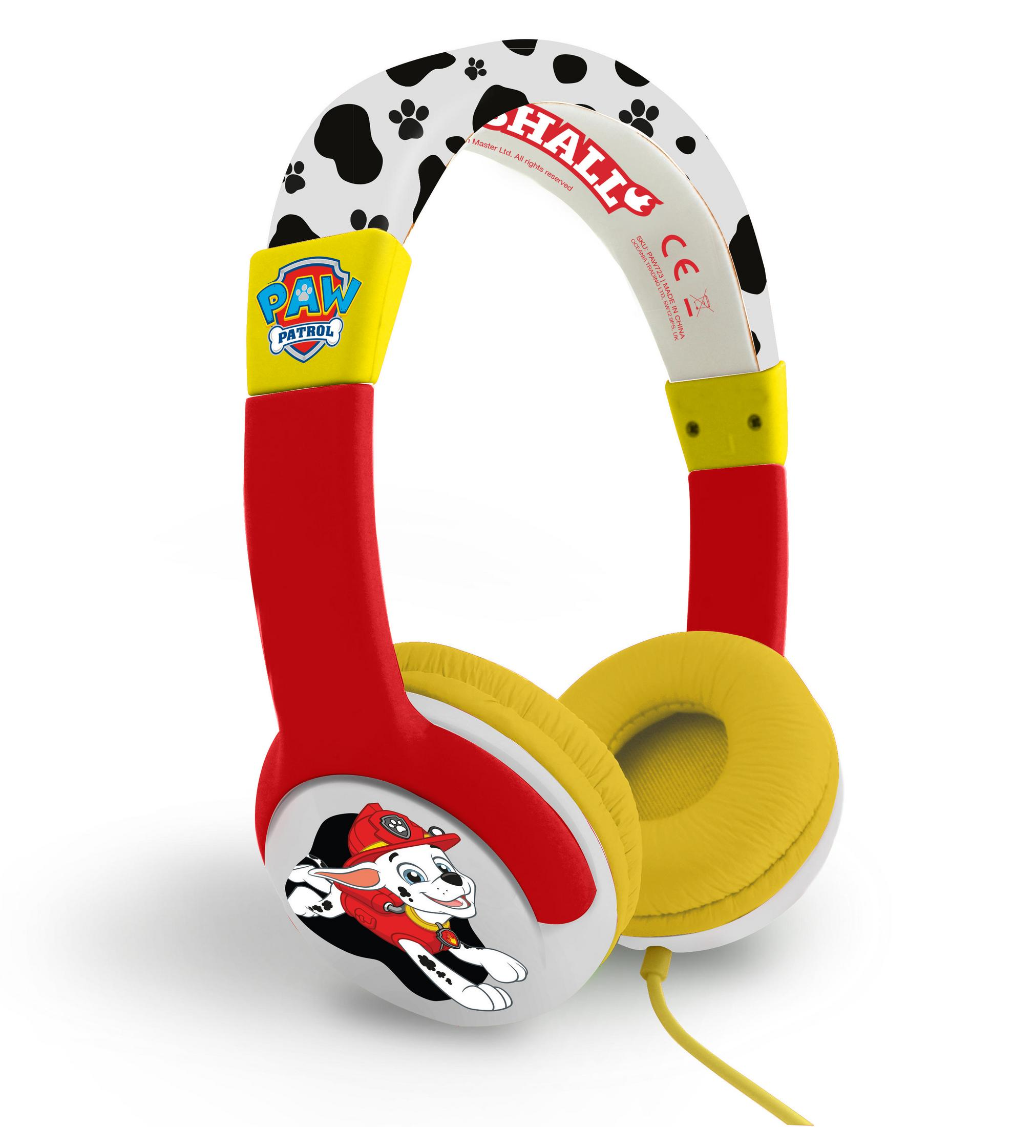 Czerwone, żółte i białe słuchawki Paw Patrol z grafiką Marshalla na muszli usznej.