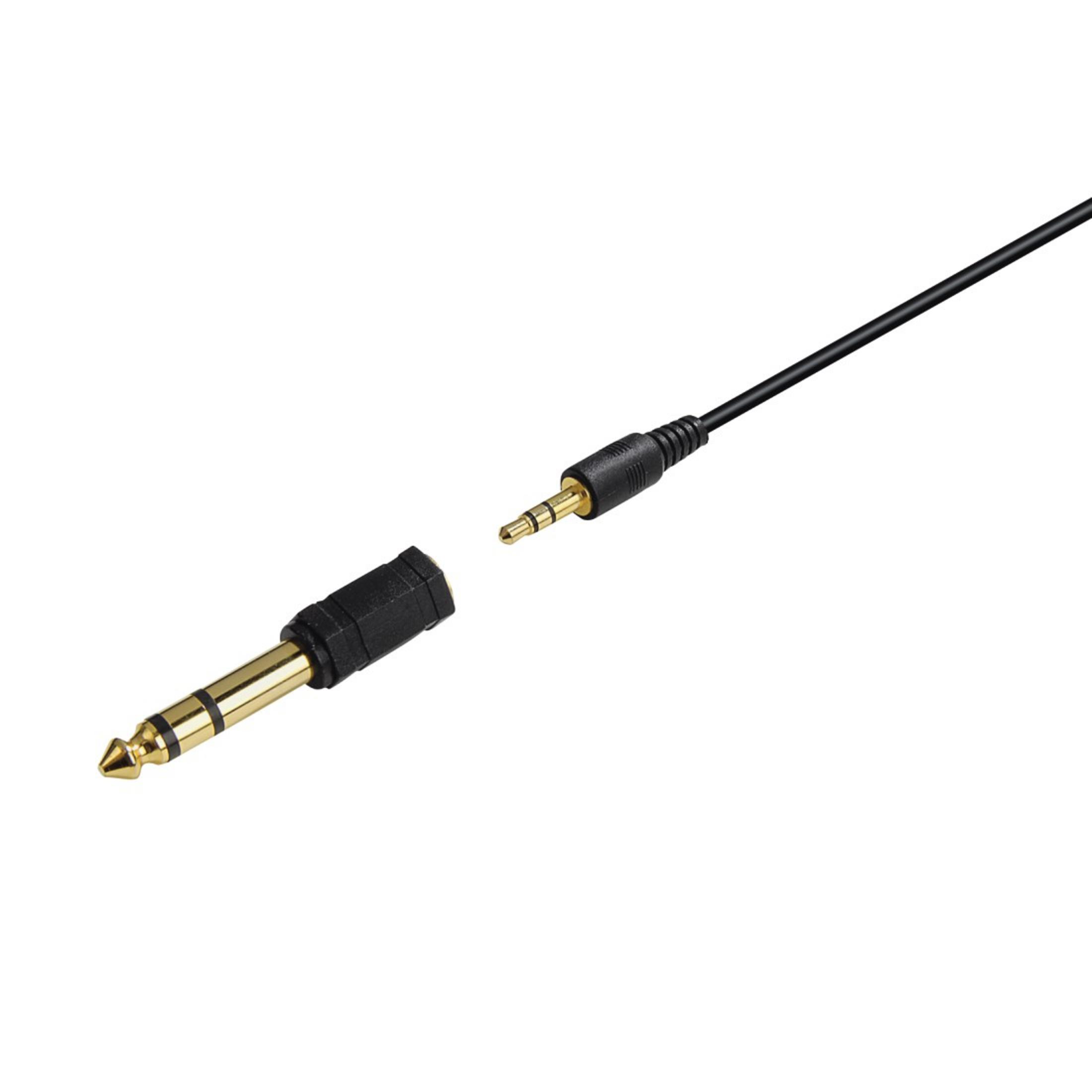 Eine schwarz-goldene Audiobuchse mit schwarzem Kabel, neben einem goldfarbenen Audiobuchsenanschluss.