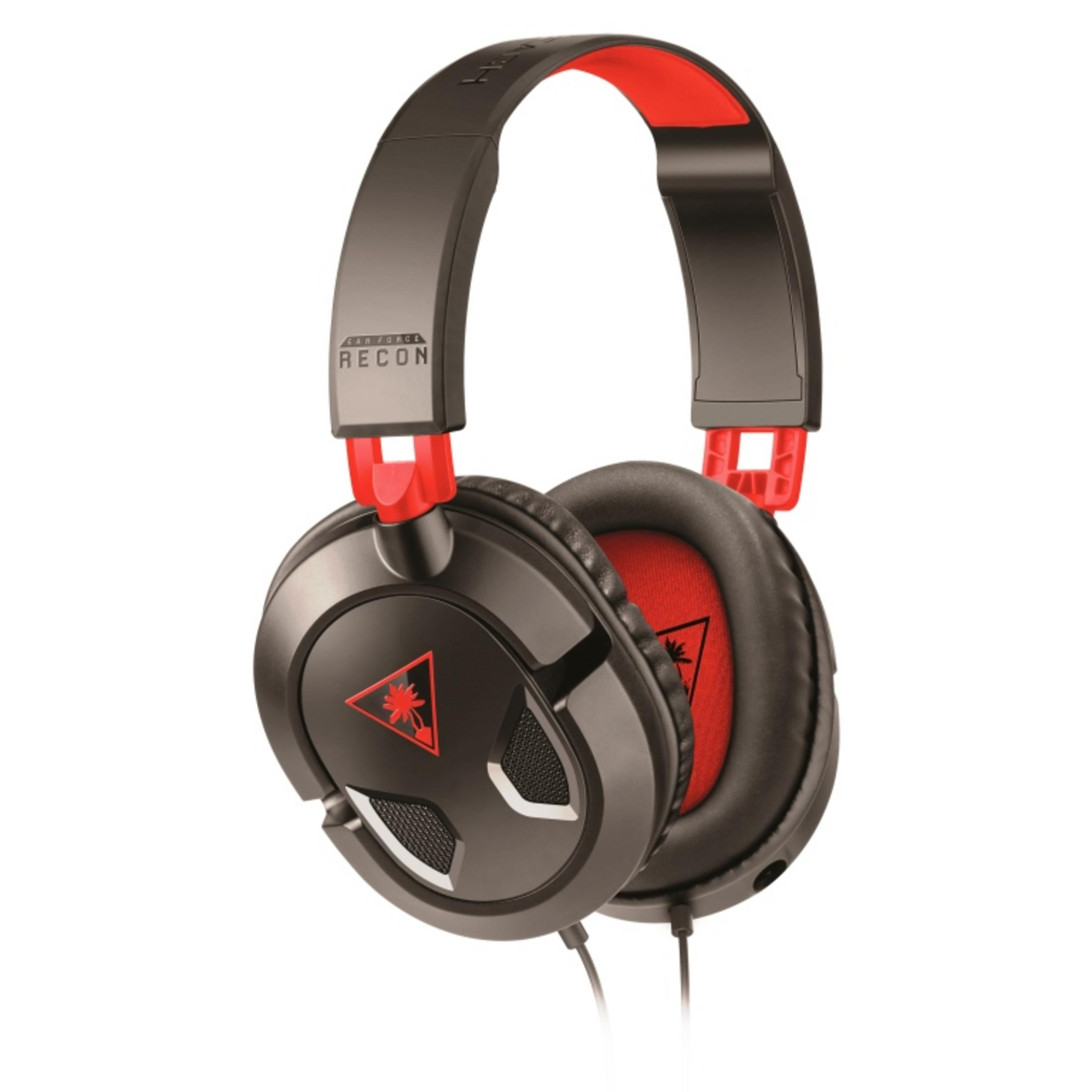 Casque de jeu noir et rouge avec un microphone. Le logo est une tortue rouge.