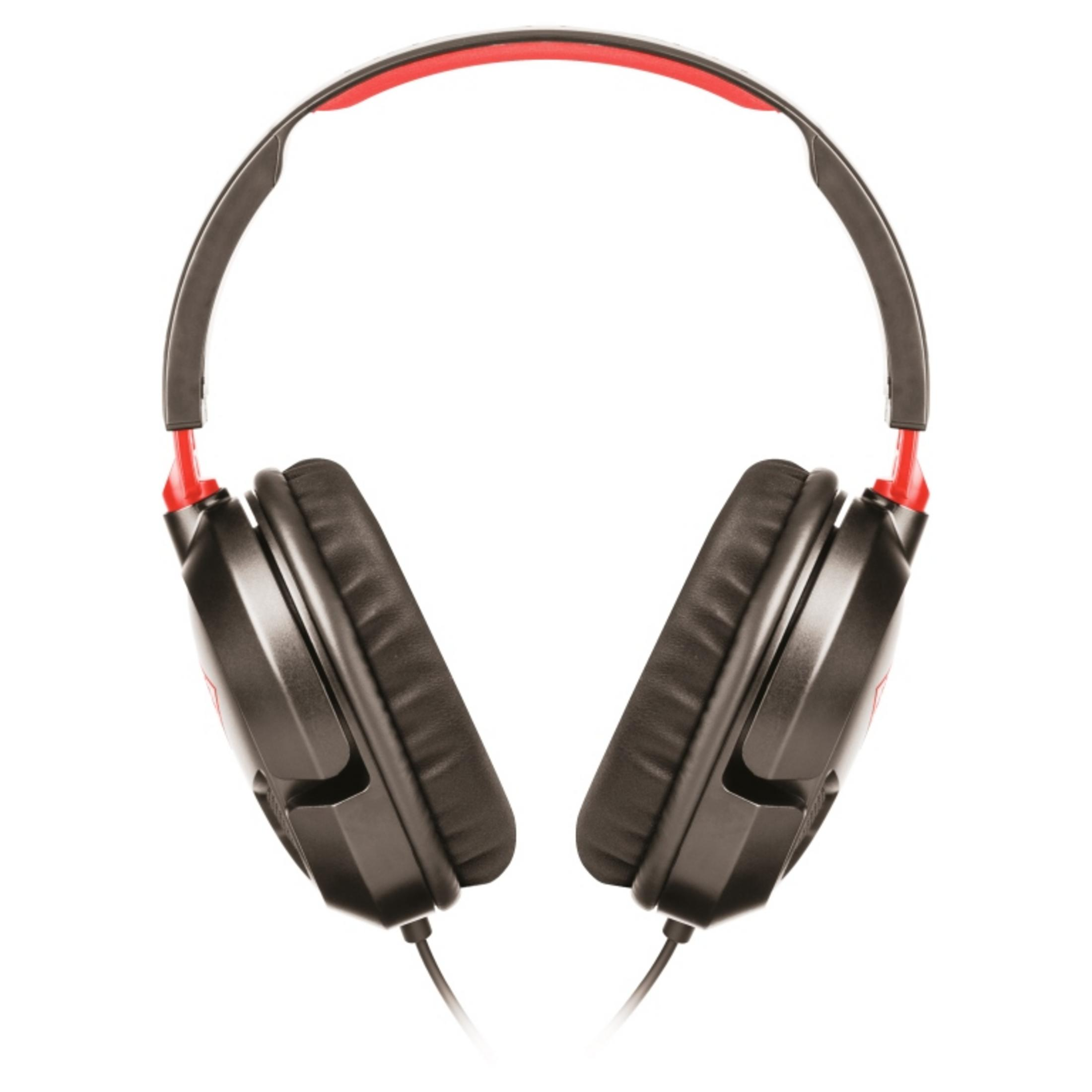 Casque noir et rouge sur fond blanc. Vue de dessus.