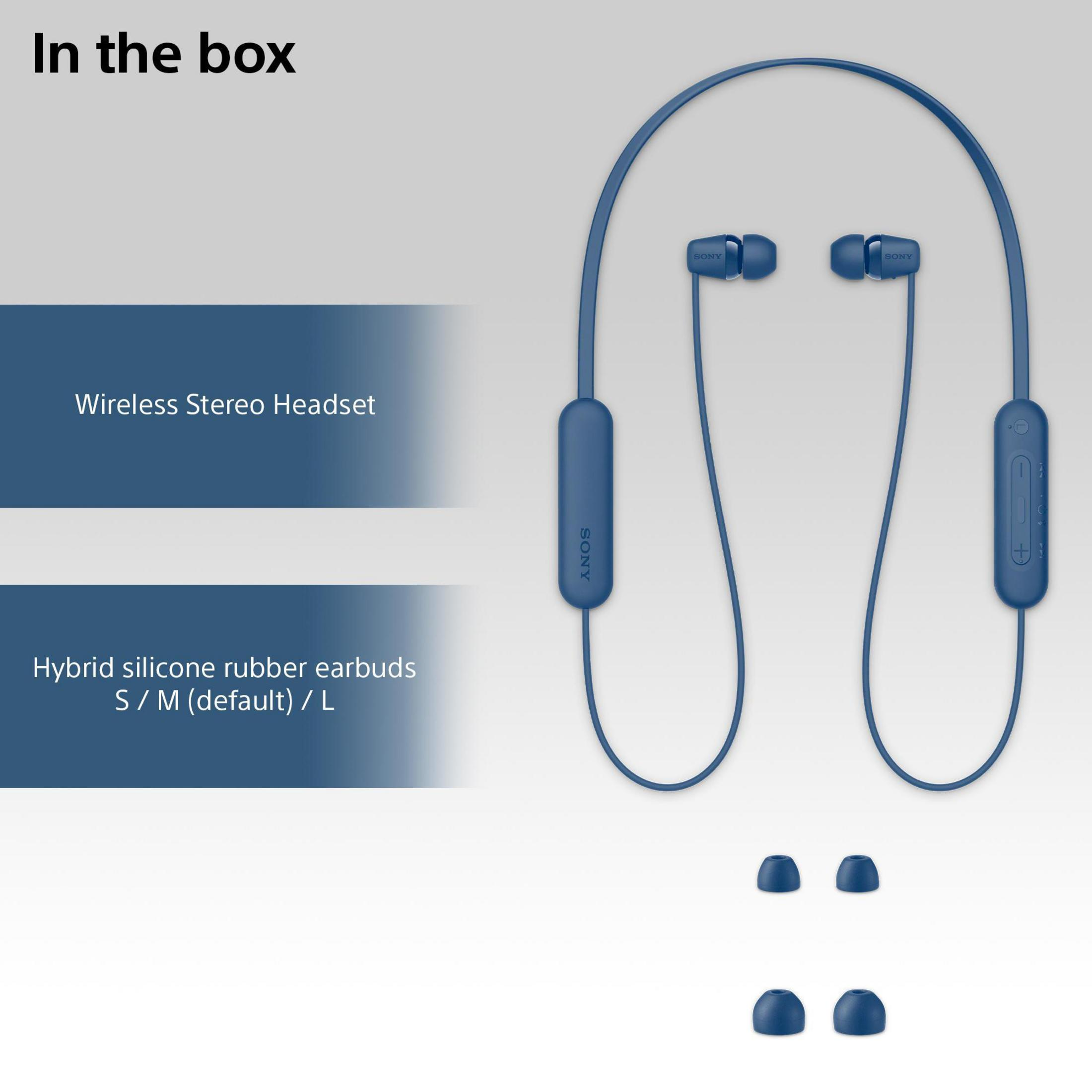 Auriculares inalámbricos azules, cable y puntas adicionales. Fondo blanco.