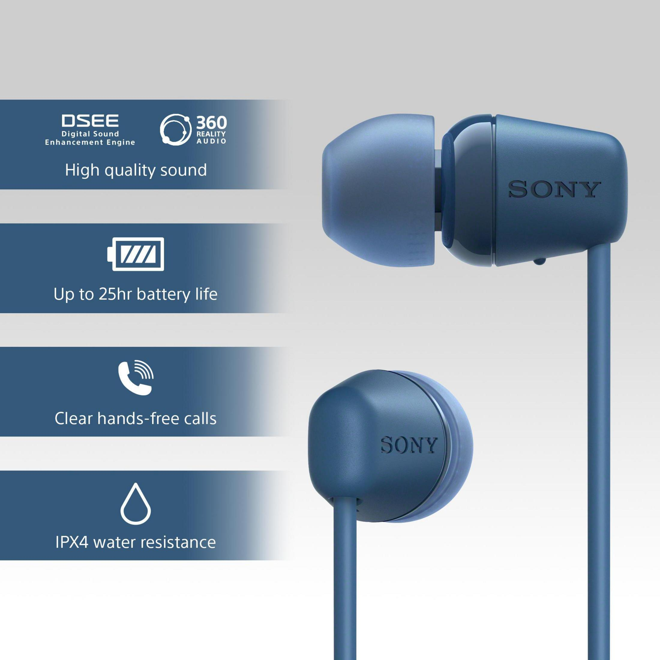 Primer plano de auriculares azules con texto, que indica características, sobre fondo blanco.