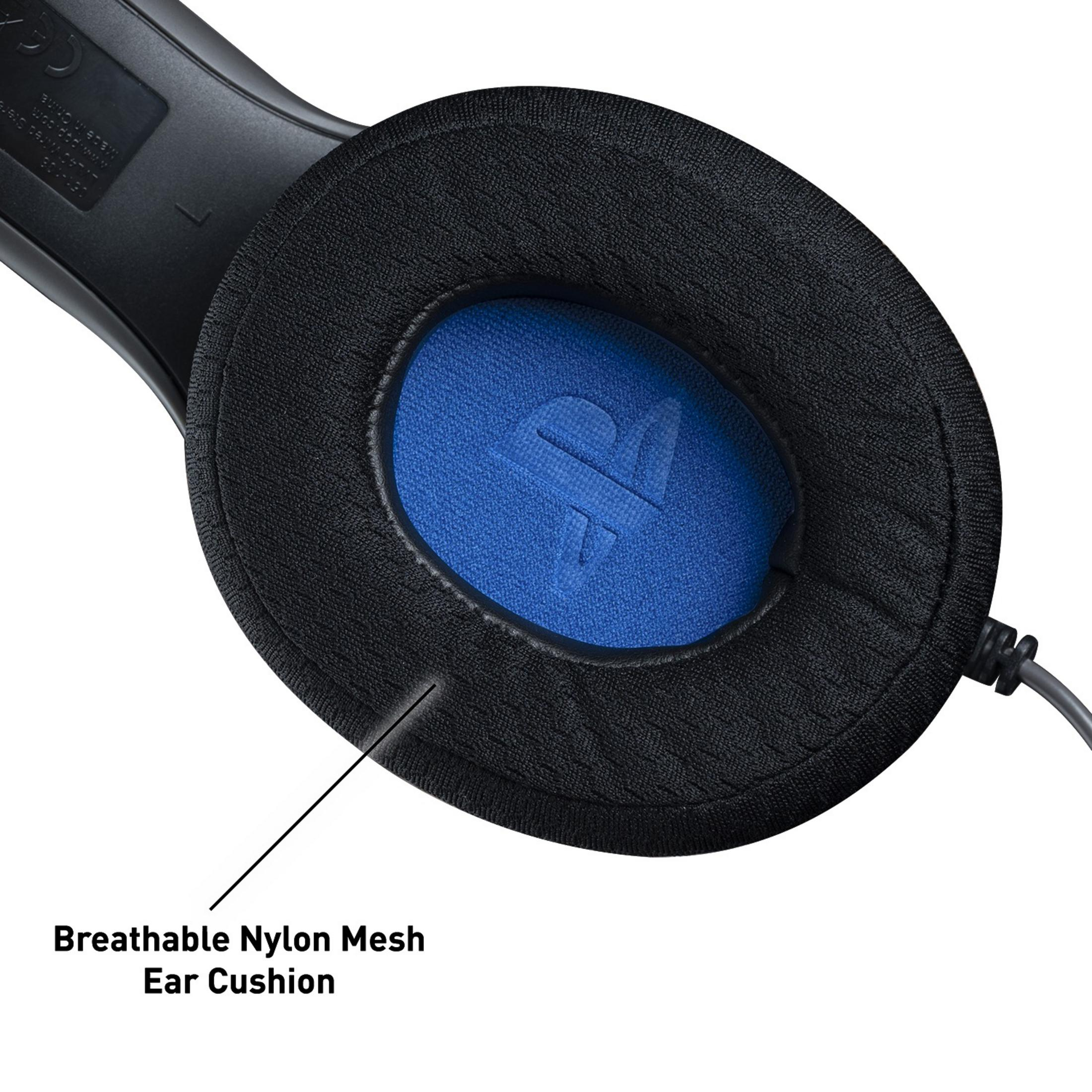 Czarna poduszka nauszna do zestawu słuchawkowego PS5 z niebieskim wnętrzem i siatką. Czarny kabel.