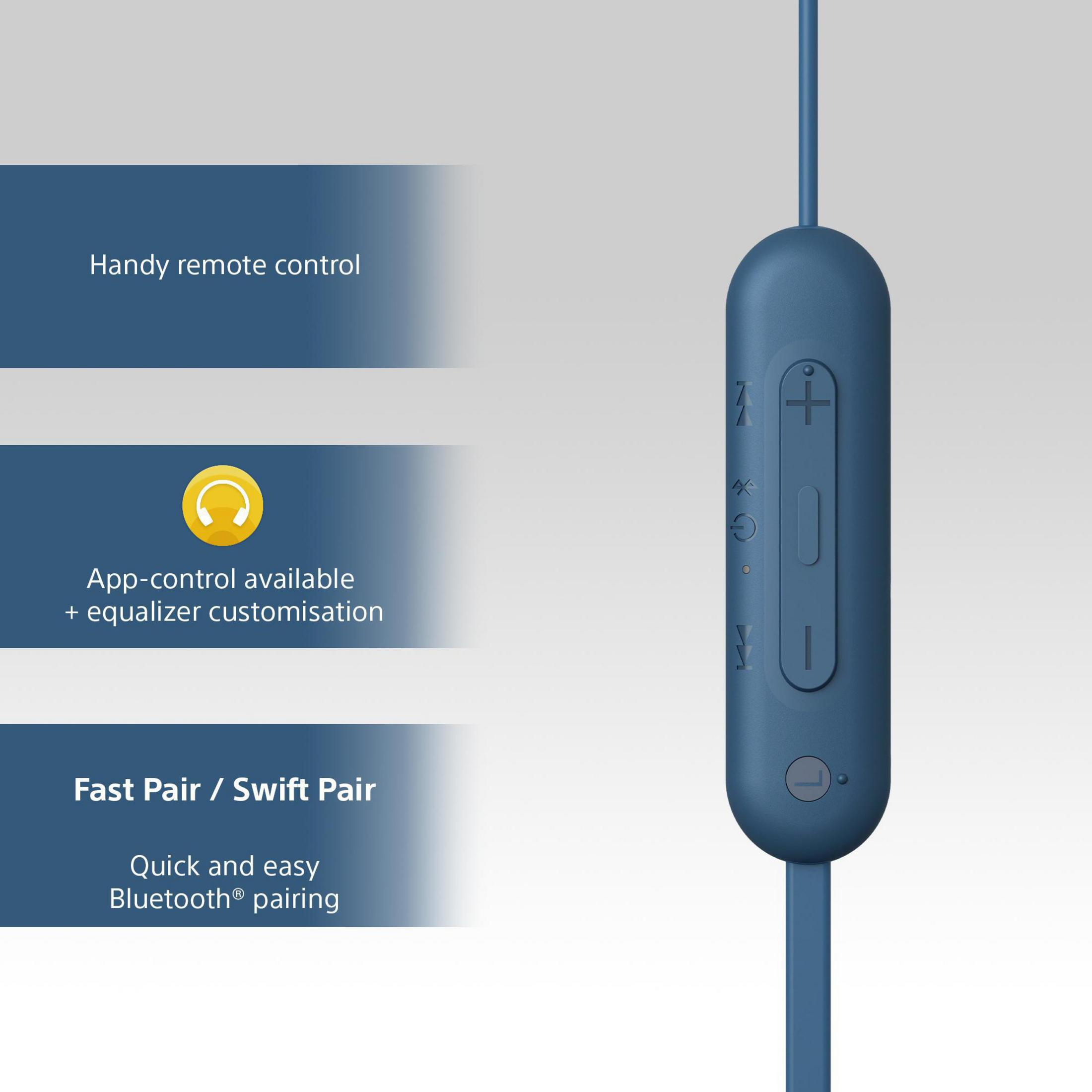 Primer plano de auriculares azules con funciones de control remoto. El texto describe el control de la aplicación, el ecualizador y el emparejamiento Bluetooth rápido.