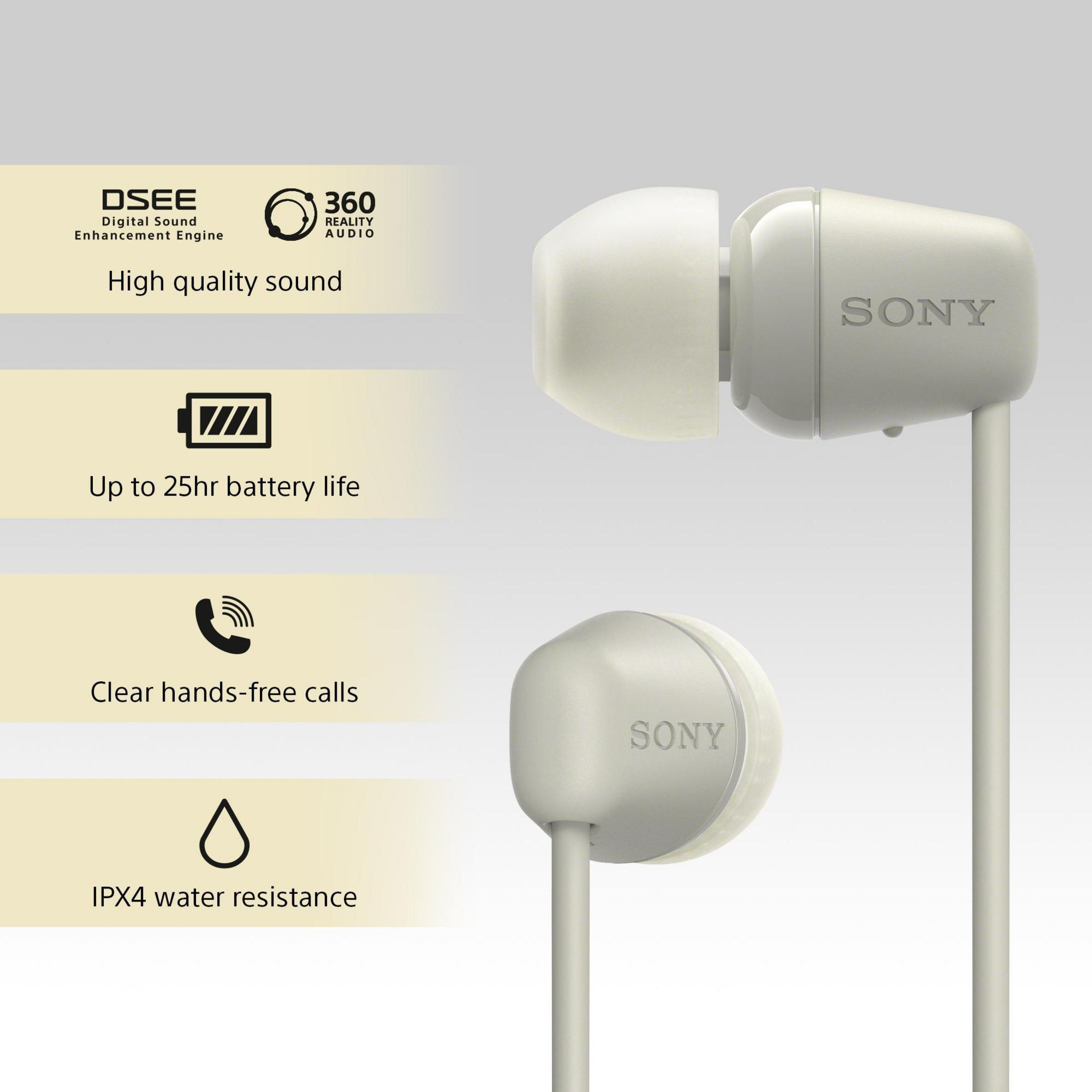 Auriculares blancos con la marca Sony, características: alta calidad de sonido, 25h batería, llamadas claras, resist.
