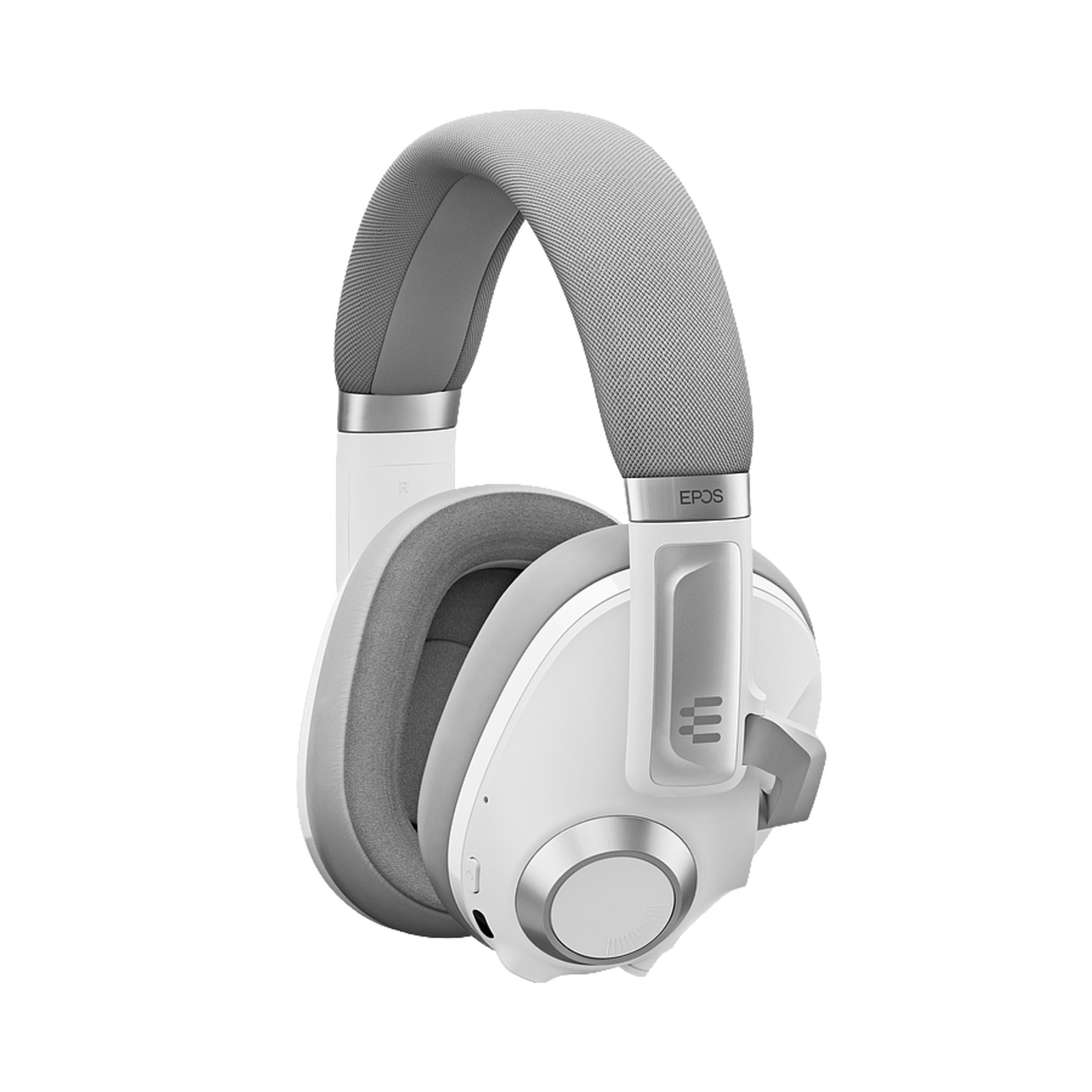 Cuffie bianche e grigie. Le cuffie hanno una fascia imbottita e padiglioni auricolari.