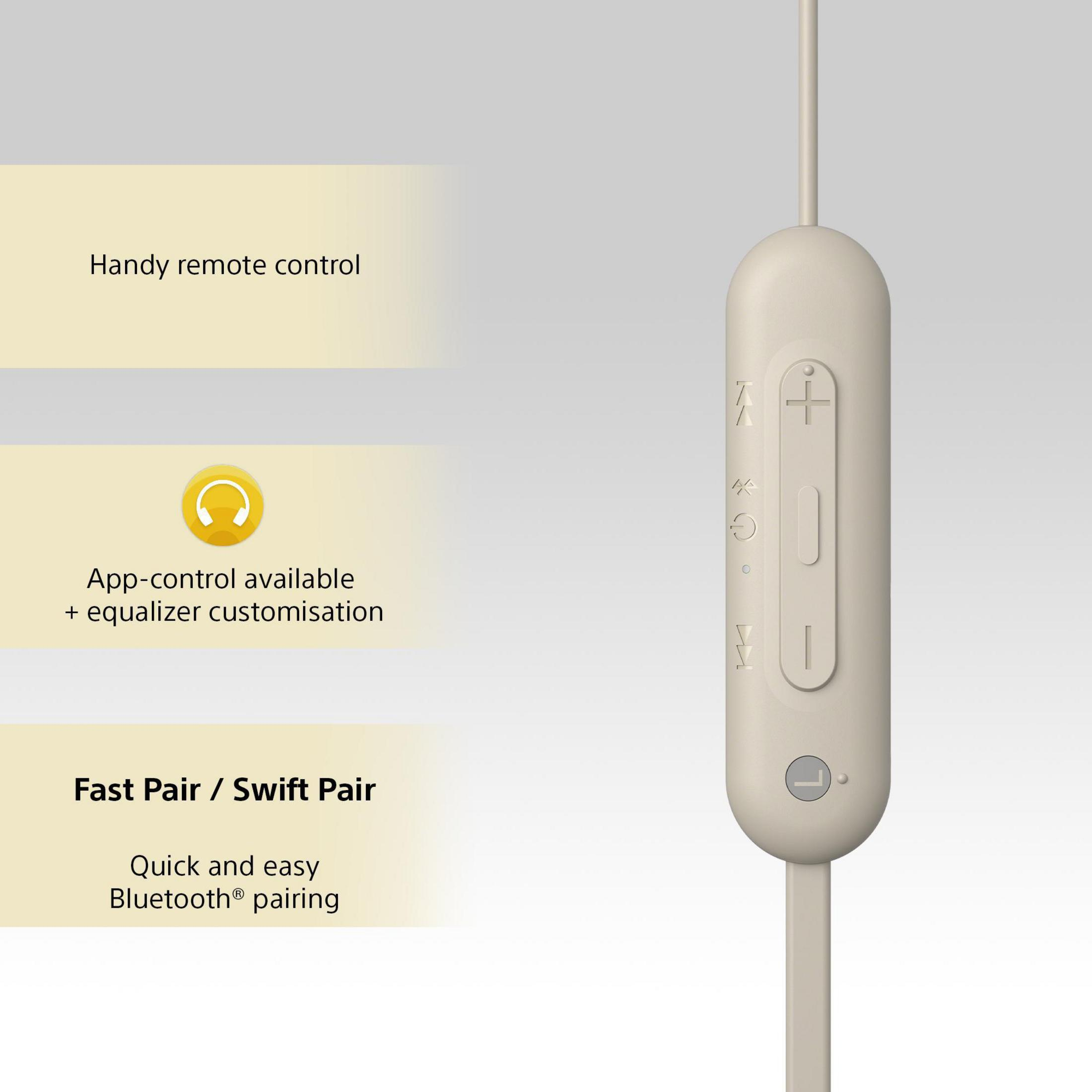 Control blanco de auriculares con botones y texto: Mando a distancia, control de app, Emparejamiento rápido.