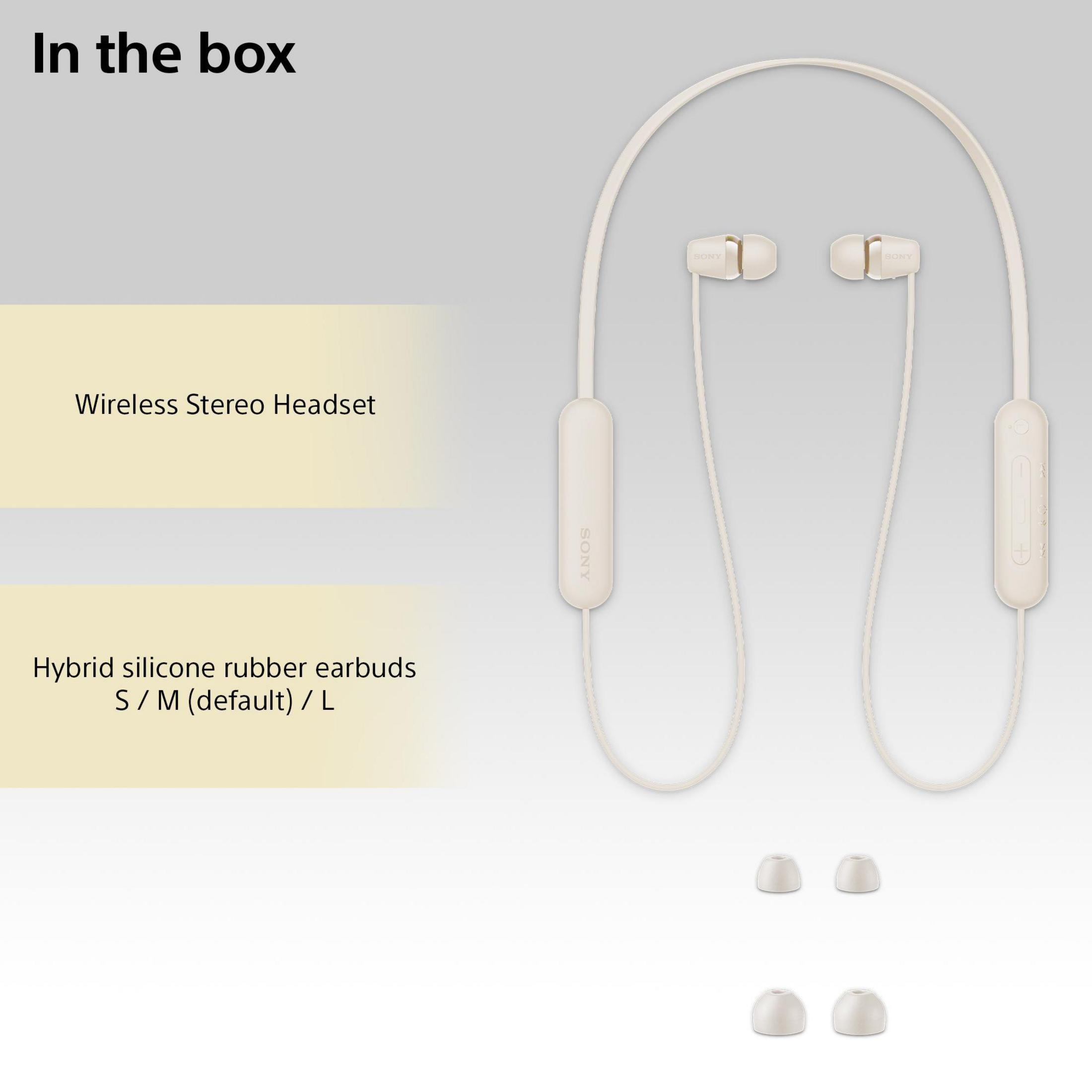 En la caja: Auriculares inalámbricos con auriculares y puntas de auriculares adicionales. Texto: Auriculares estéreo inalámbricos.