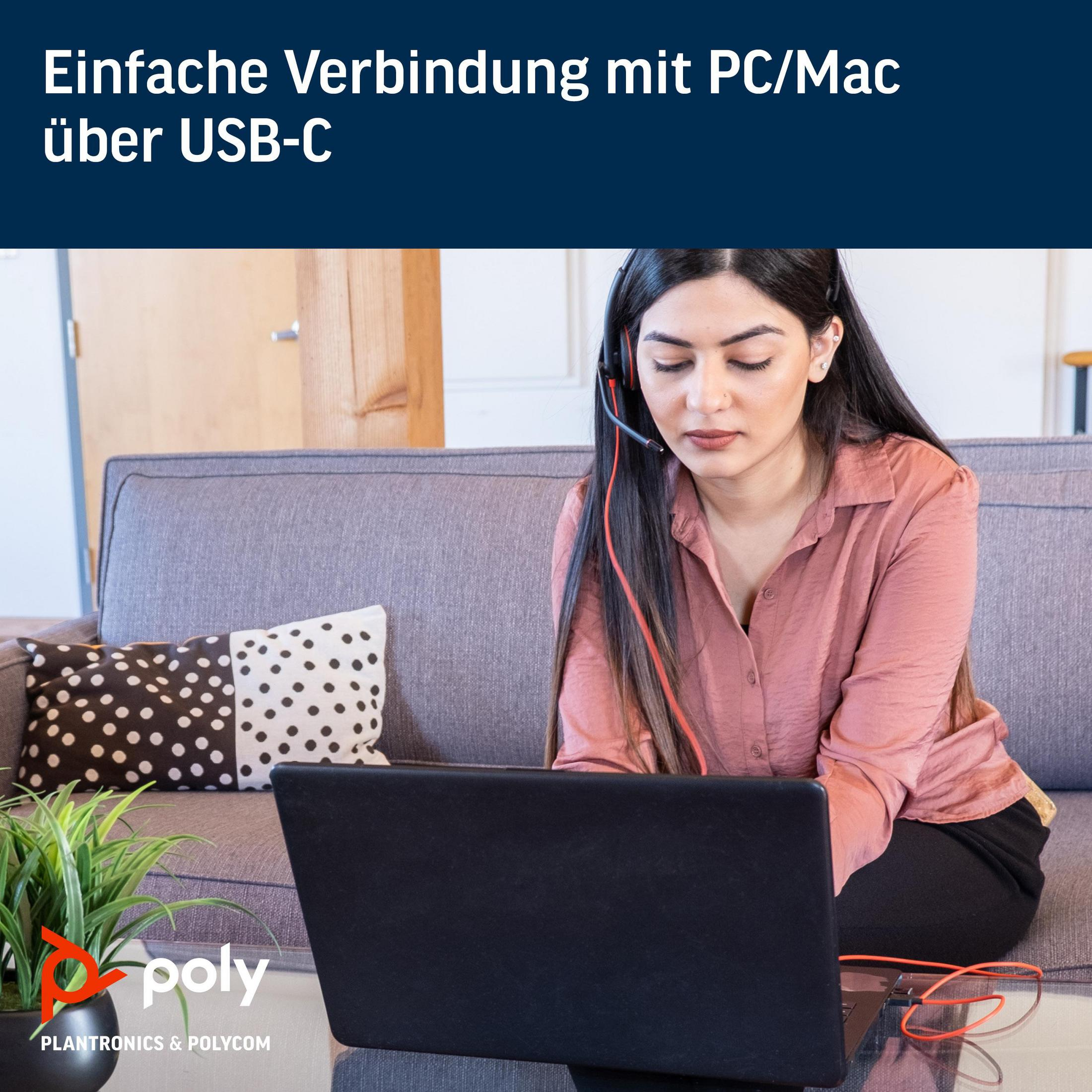 Kobieta z zestawem słuchawkowym używa laptopa na sofie, tekst: 'Łatwe połączenie'.