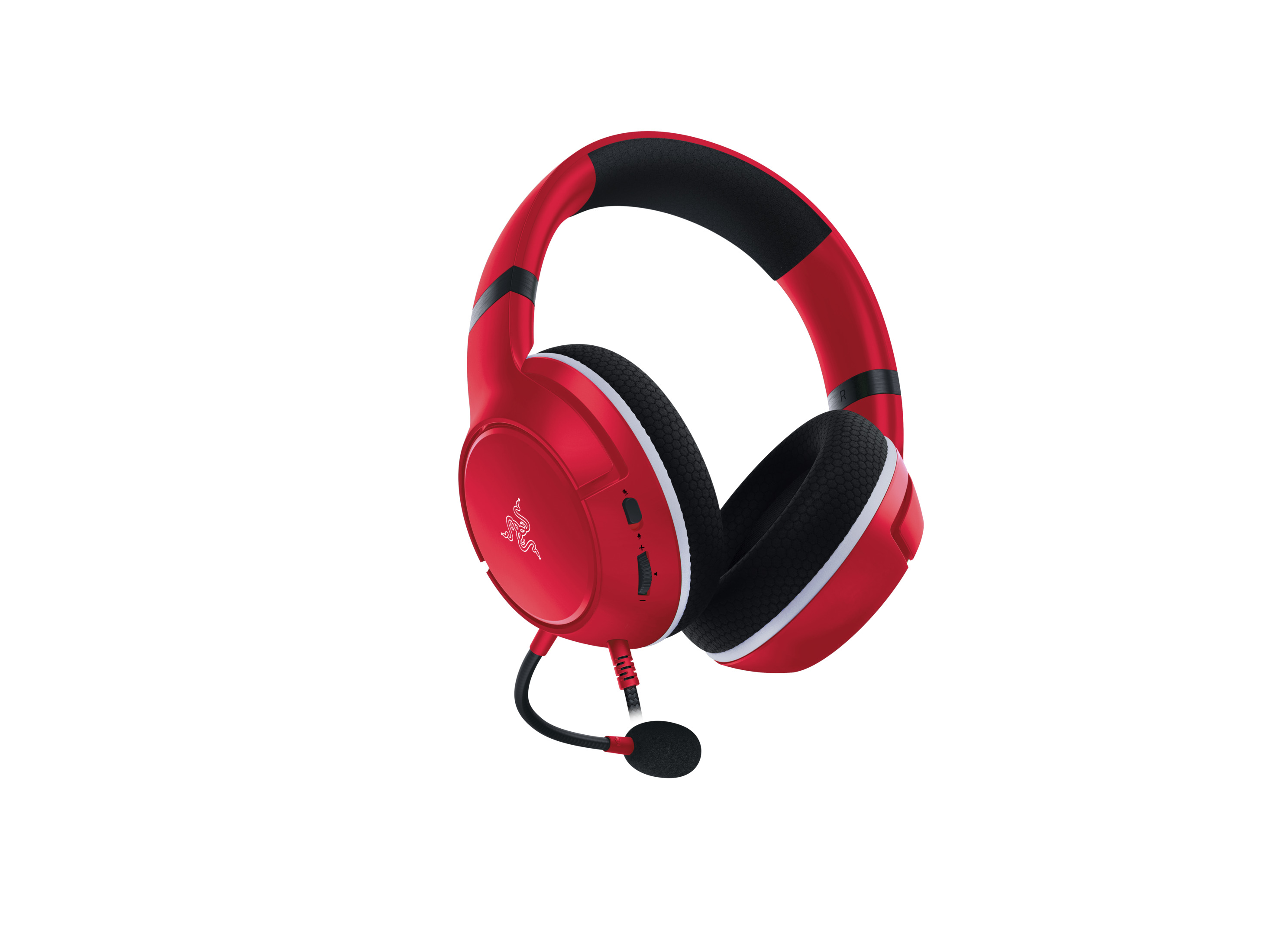 Rotes Gaming-Headset mit Mikrofon. Weißer Hintergrund.