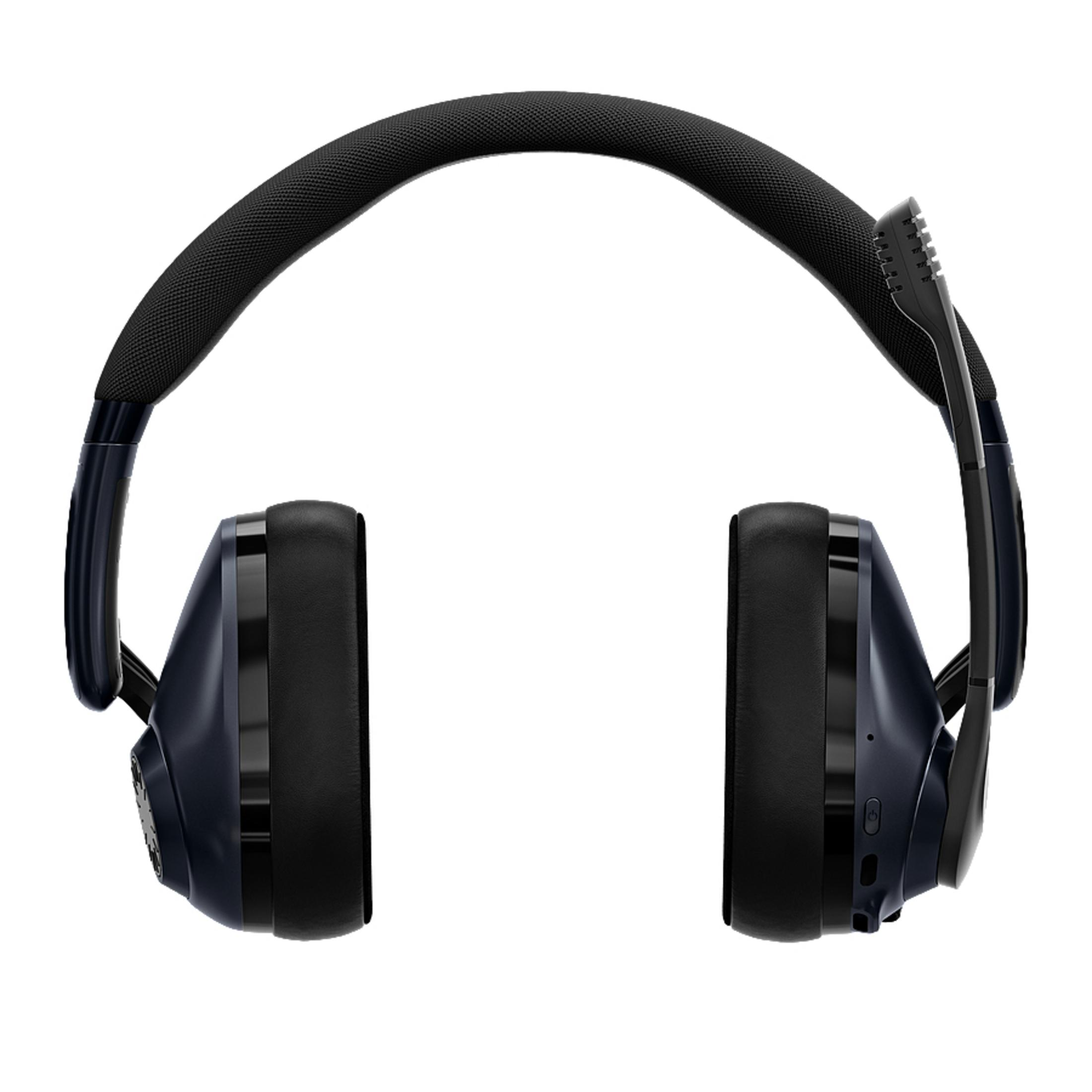 Ein schwarzes Headset mit Mikrofon. Es hat große, ovale Ohrmuscheln und ein gepolstertes Kopfband.