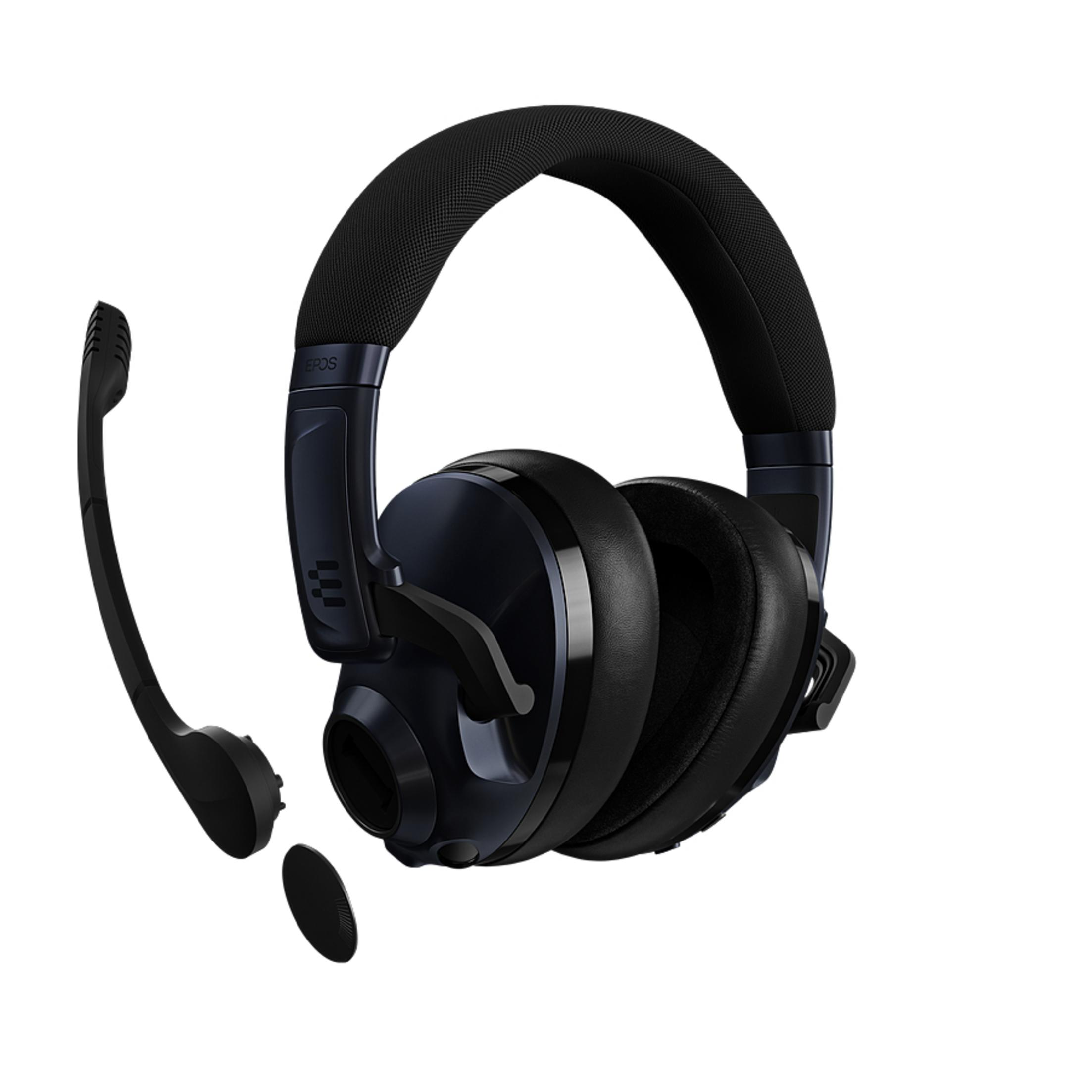 Schwarzes Headset mit Mikrofon. Es gibt ein separates Mikrofon und ein schwarzes Pad.