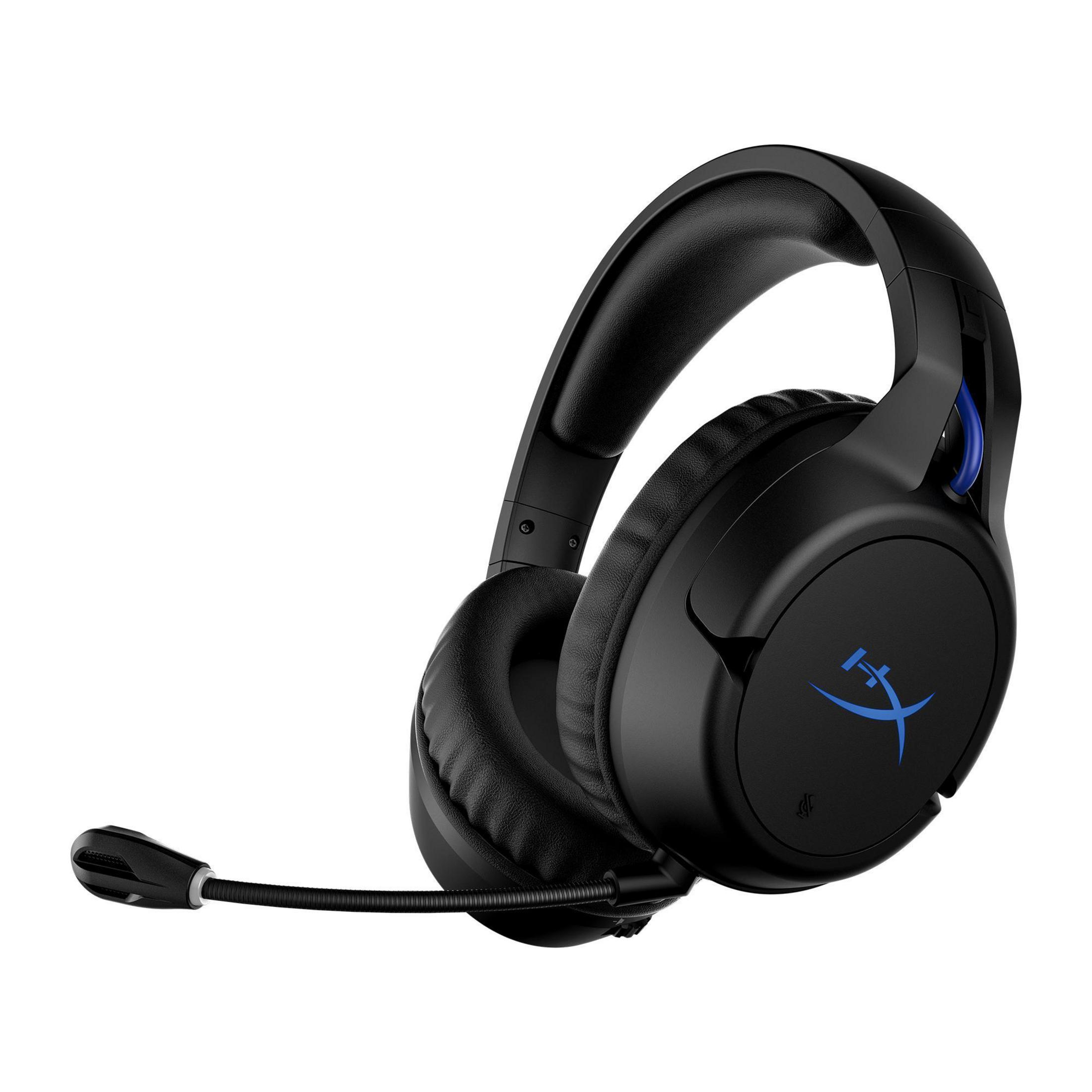 Schwarzes Gaming-Headset auf weißem Hintergrund. Blaues Logo auf Ohrmuschel. Mikrofon angebracht.