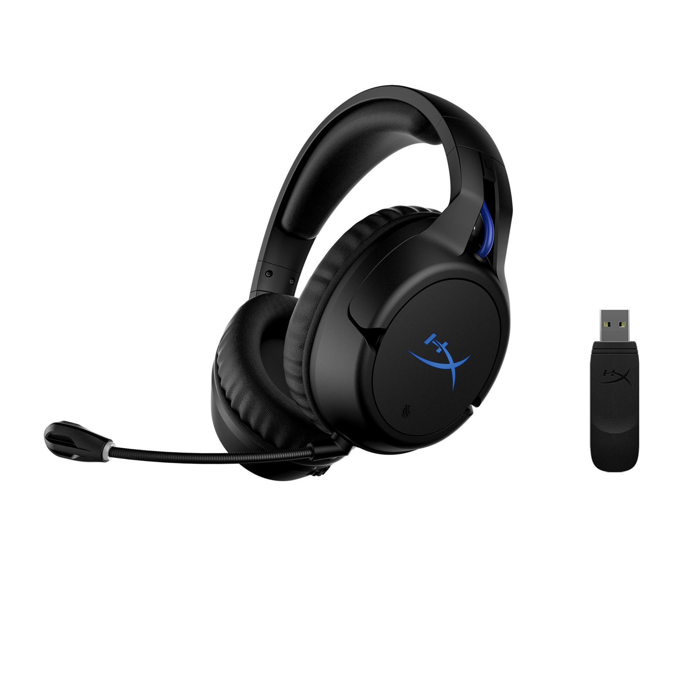 Schwarzes Gaming-Headset mit Mikrofon und USB-Empfänger, vor weißem Hintergrund.