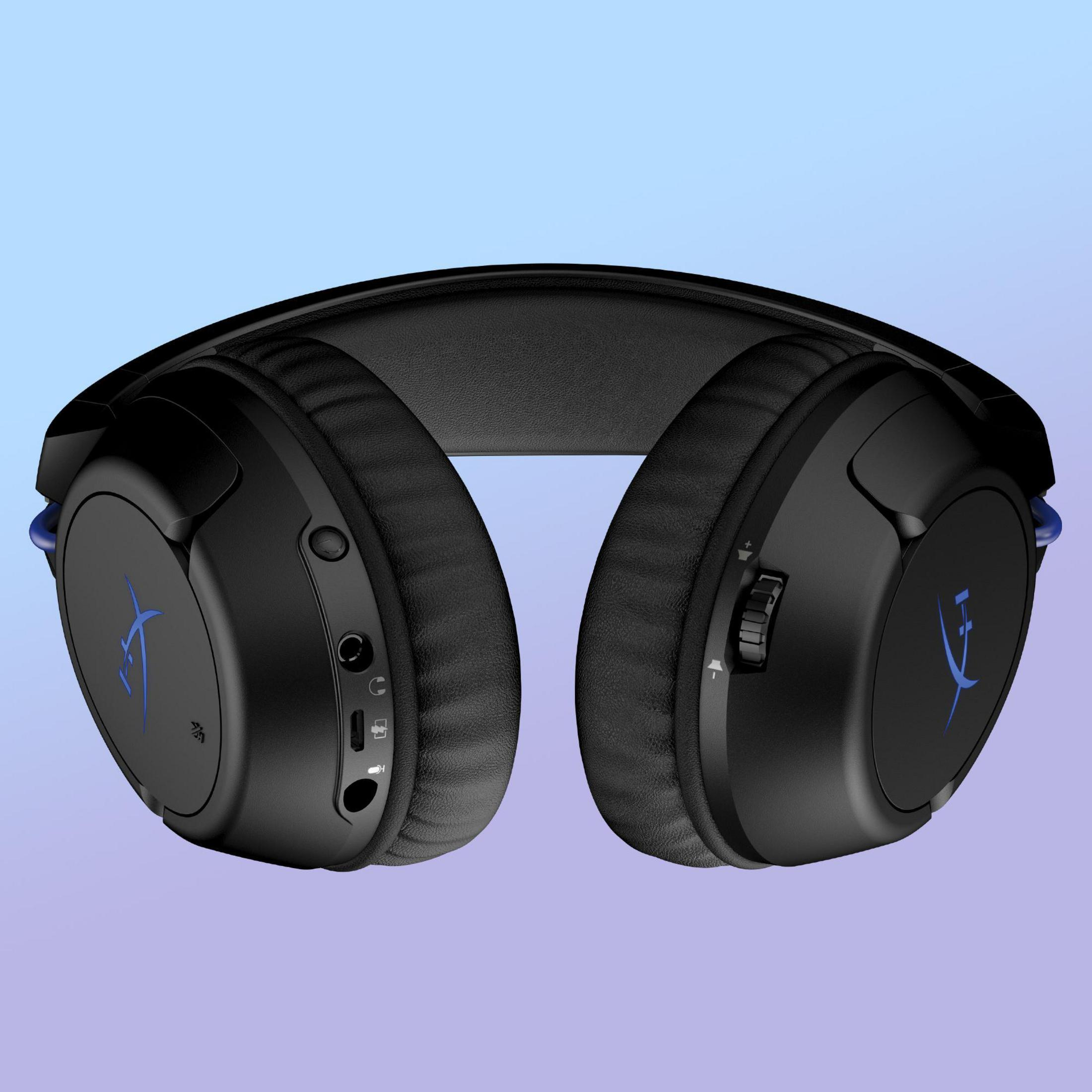 Schwarze Kopfhörer mit blauen Akzenten. HyperX-Logo auf beiden Seiten.