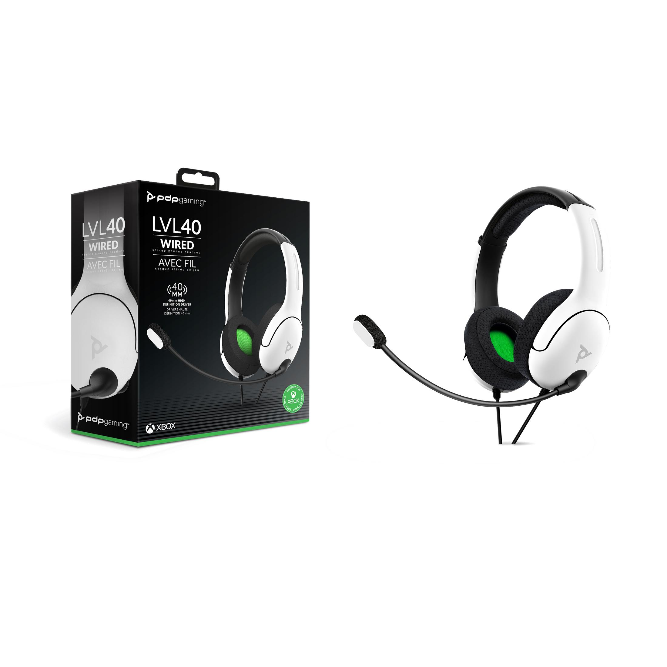 Weiße PDP LVL40 Gaming-Kopfhörer mit Mikrofon und Verpackung.