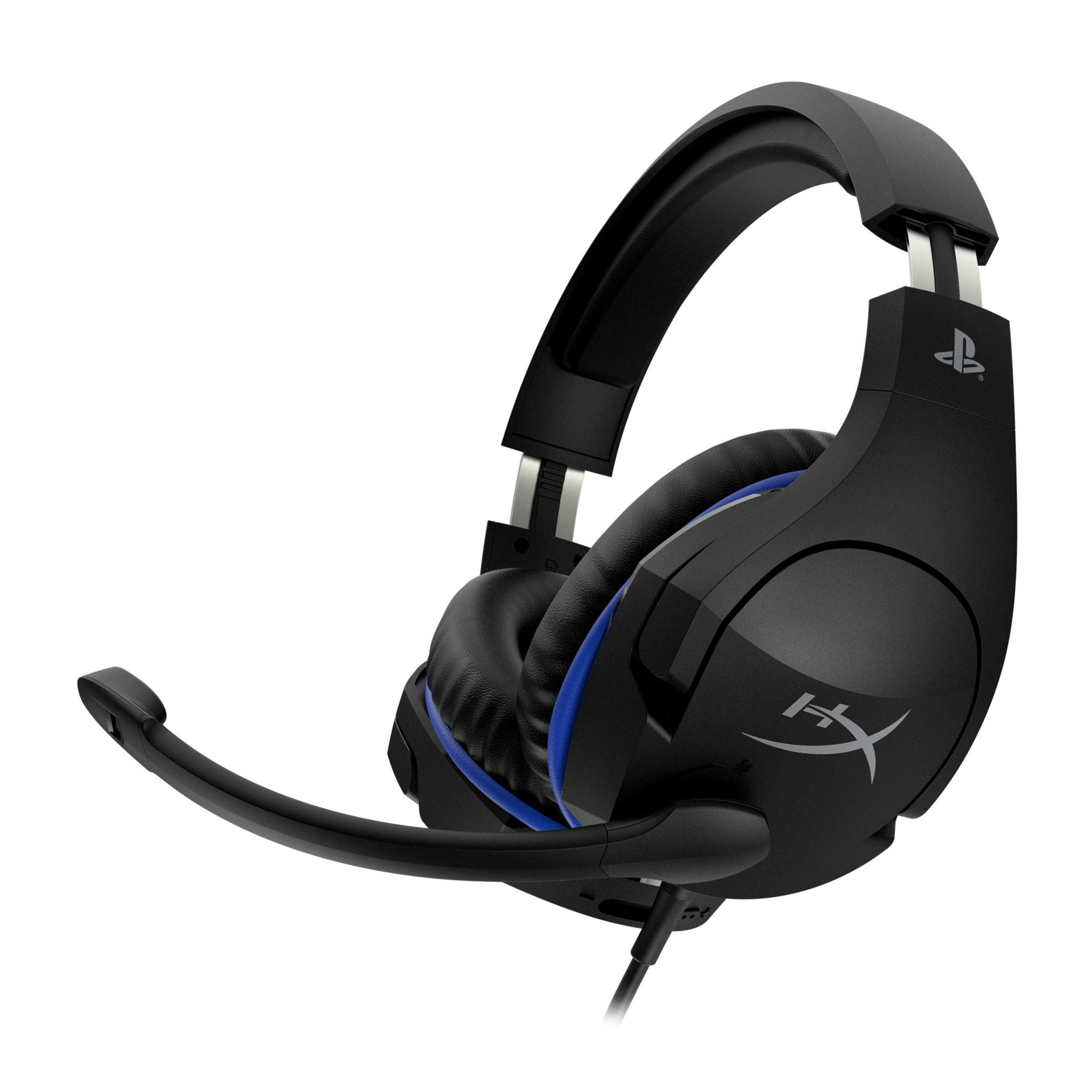 Schwarze und blaue Gaming-Kopfhörer mit Mikrofon auf weißem Hintergrund.