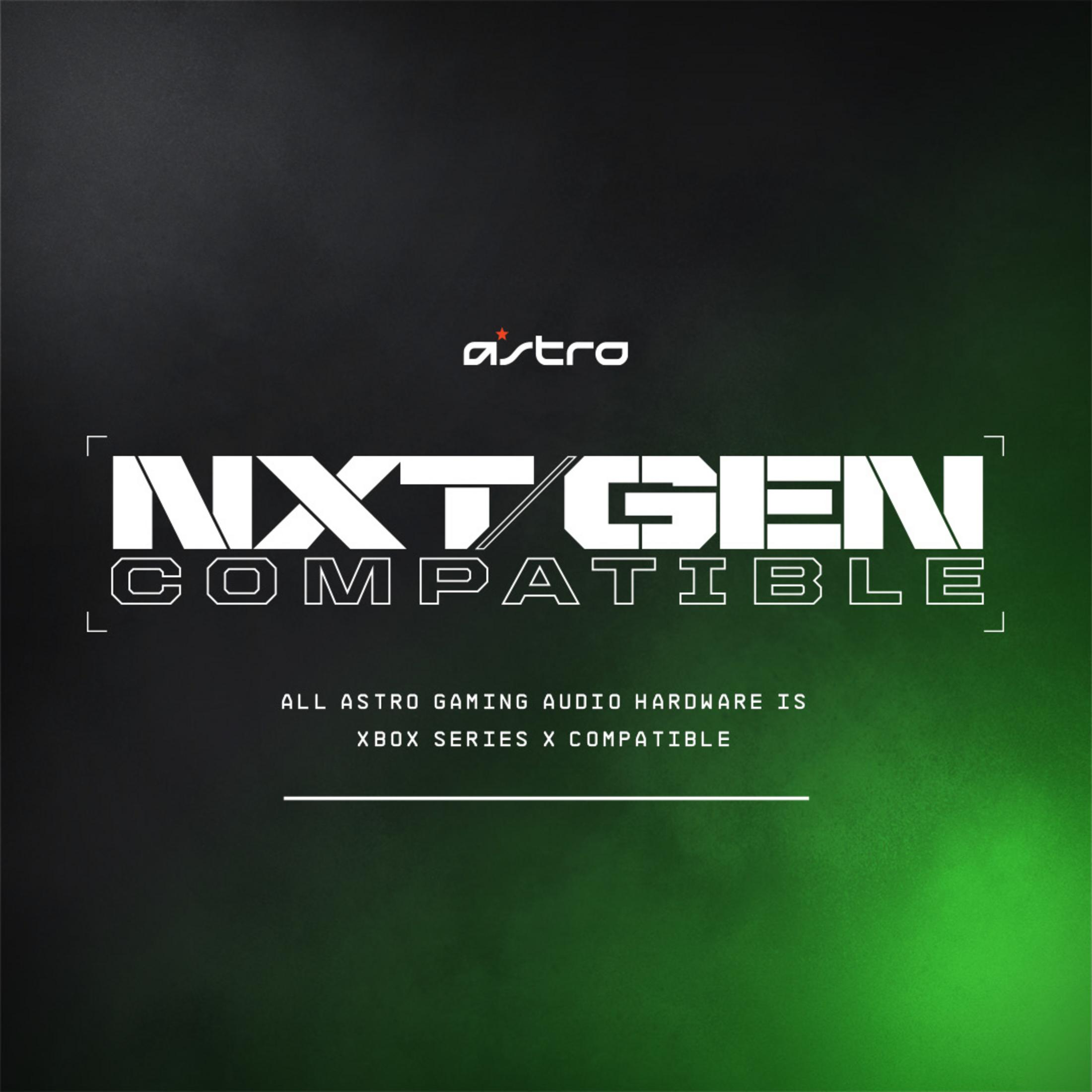 Czarne i zielone tło z tekstem 'NXT GEN COMPATIBLE'. Logo Astro u góry. Tekst: 'All Astro gaming audio hardware is Xbox series X.'