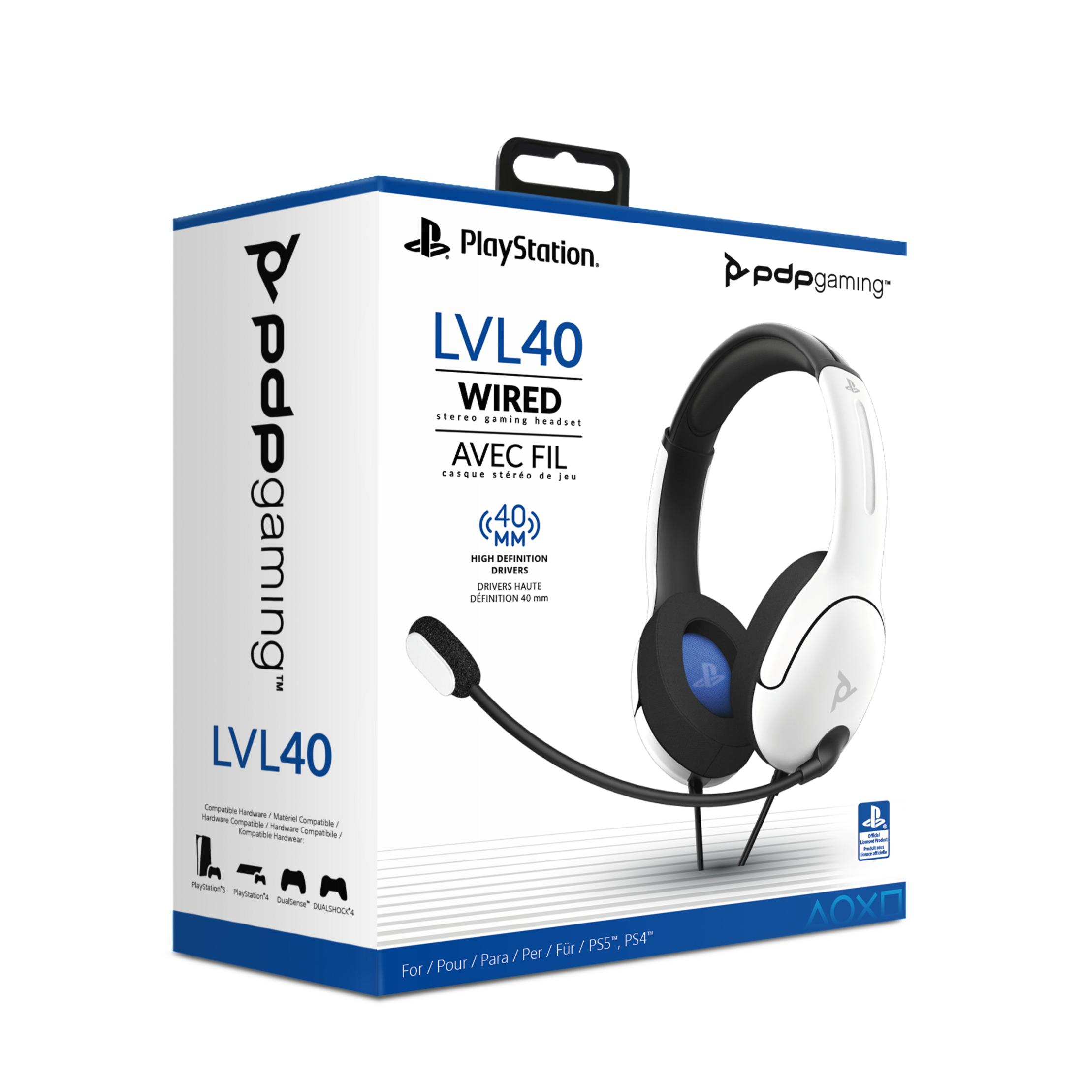 Pudełko i zestaw słuchawkowy do gier. Biały zestaw słuchawkowy, czarny mikrofon. Marka PlayStation.