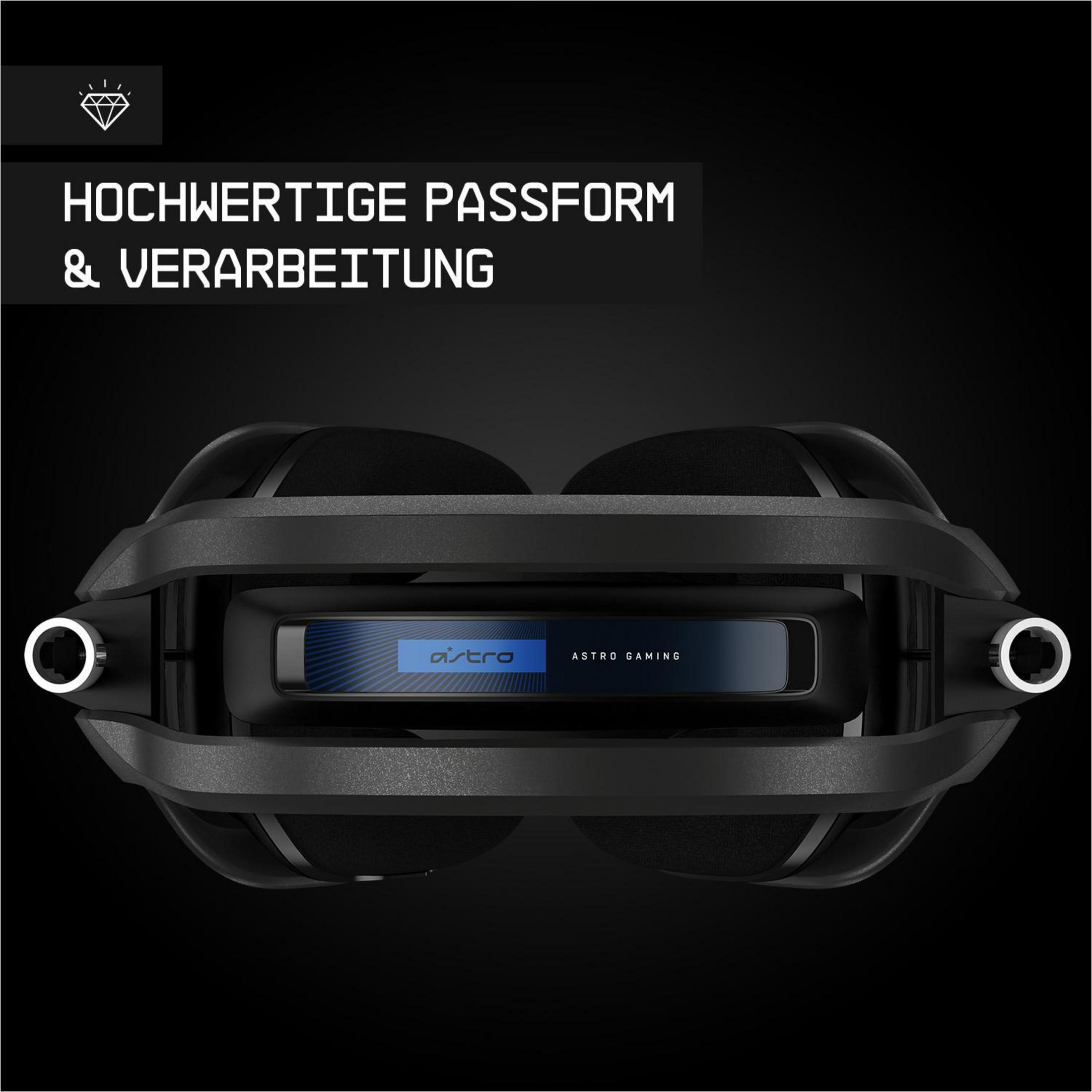 Czarny zestaw słuchawkowy z białym logo, na czarnym tle. Tekst po niemiecku: 'Wysokiej jakości dopasowanie'.