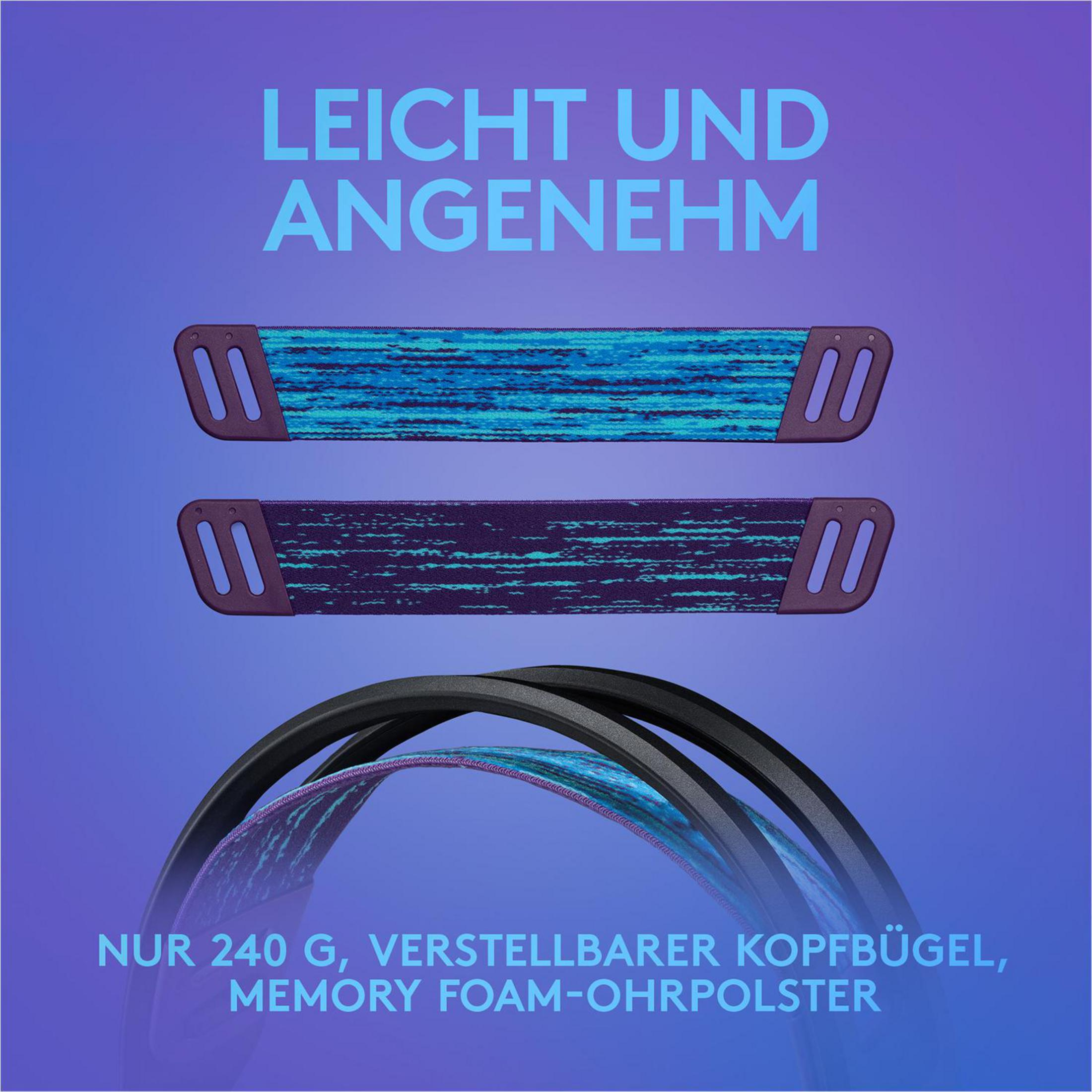 Dwa niebiesko-fioletowe paski słuchawek z tekstem w języku niemieckim: LEICHT UND ANGENEHM, i tekst poniżej.