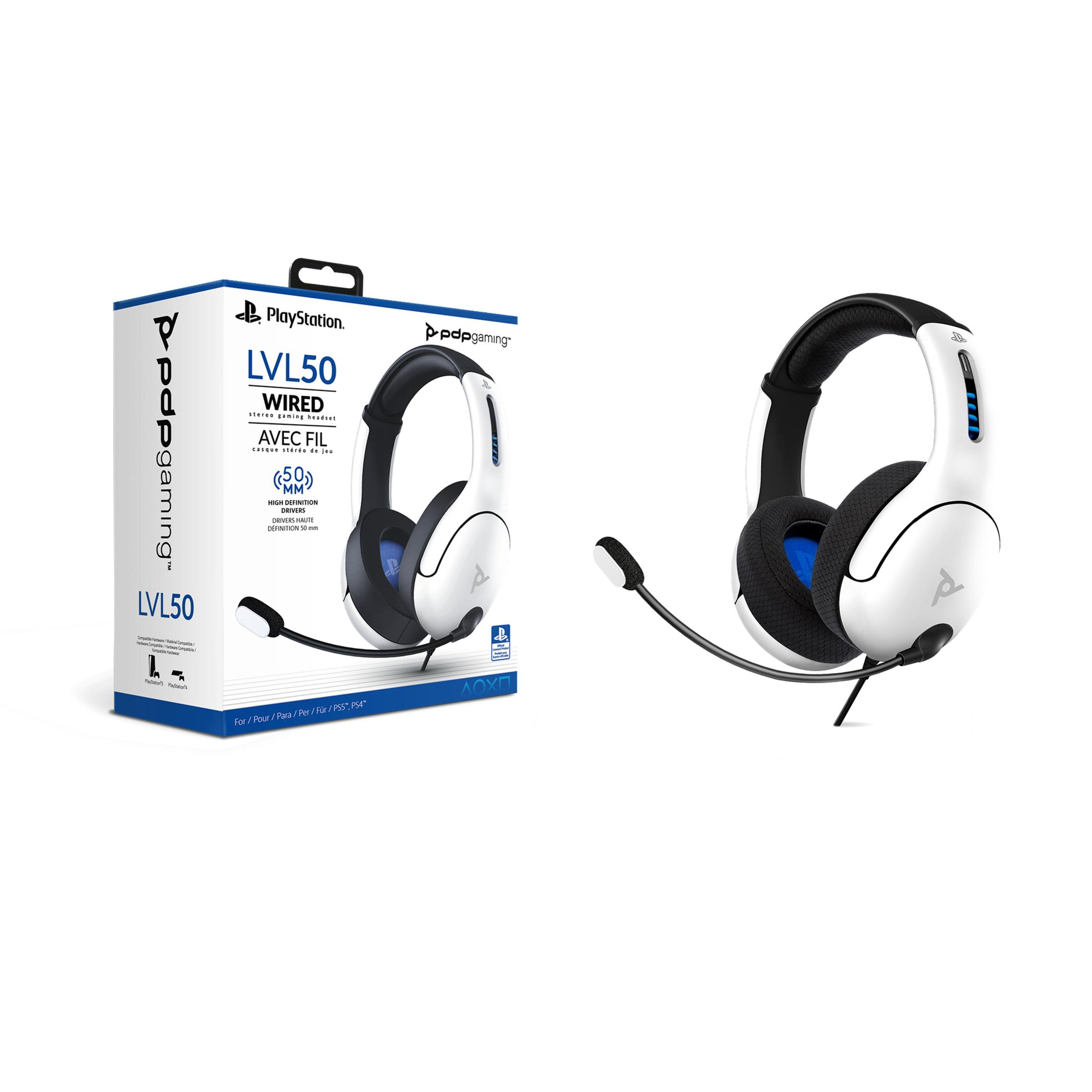 Biało-czarne słuchawki PlayStation z mikrofonem, obok opakowania.