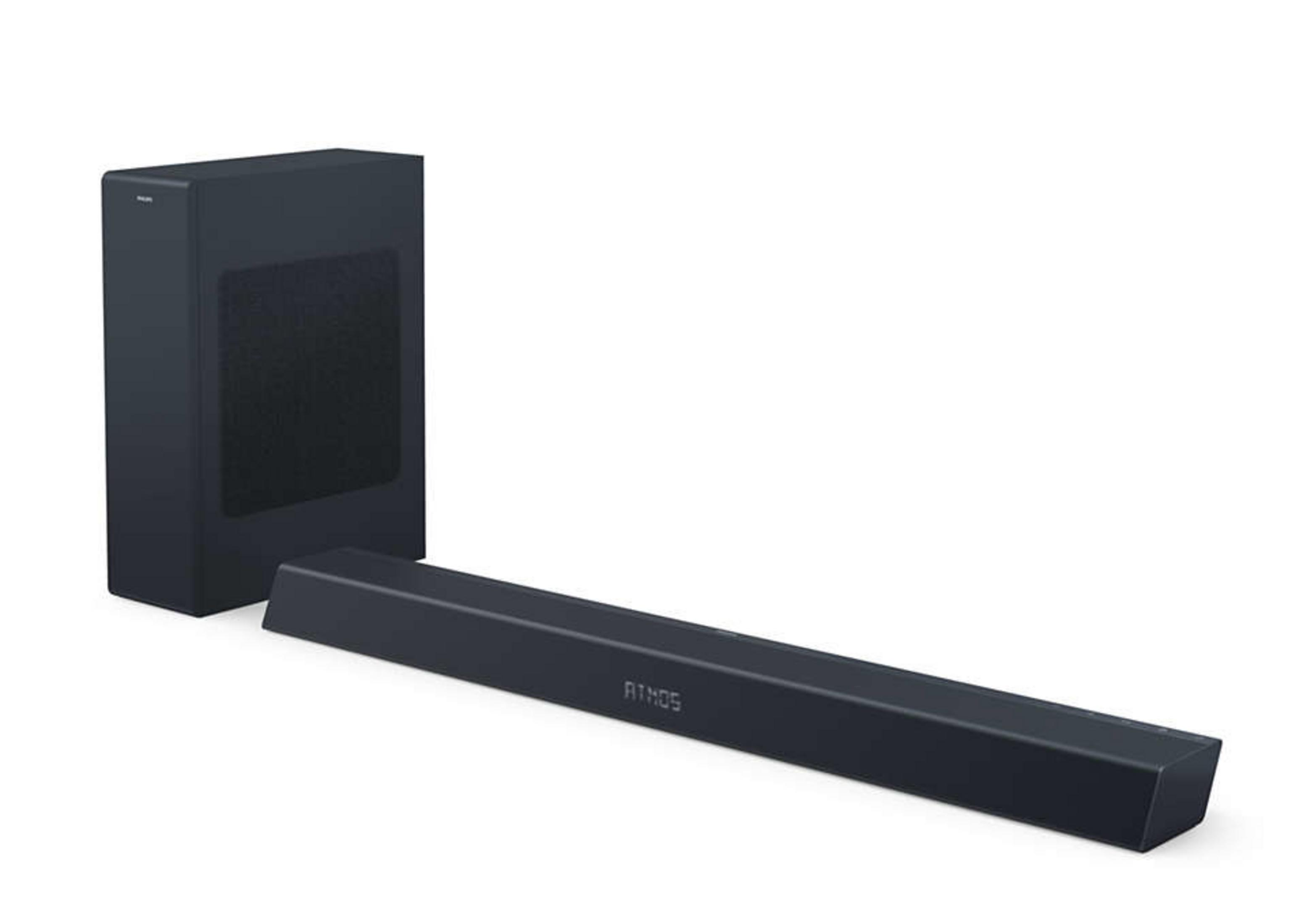 Barra de sonido y subwoofer negros sobre fondo blanco.