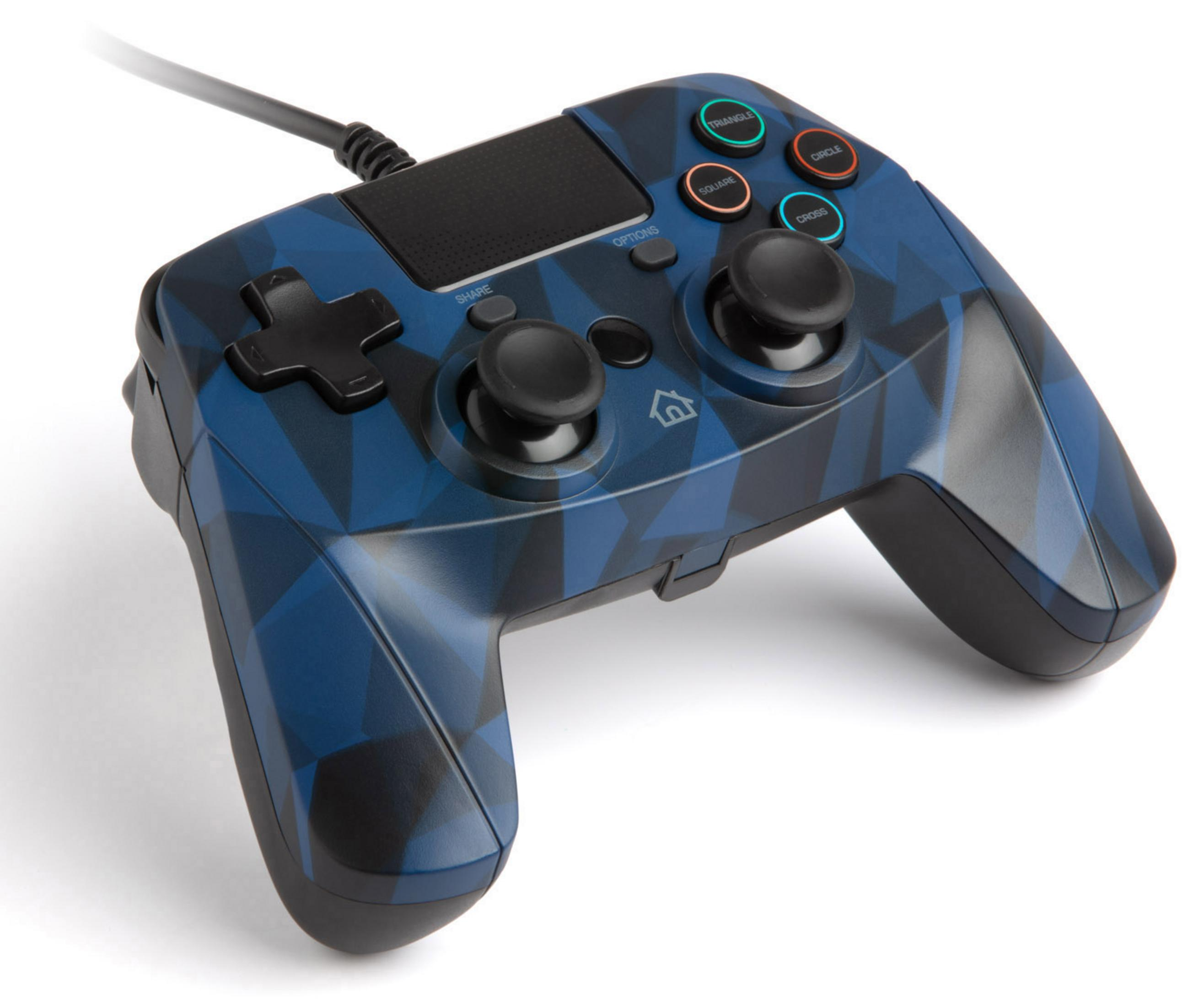 Blau-schwarzer Gamecontroller mit Knöpfen, auf weißem Hintergrund.