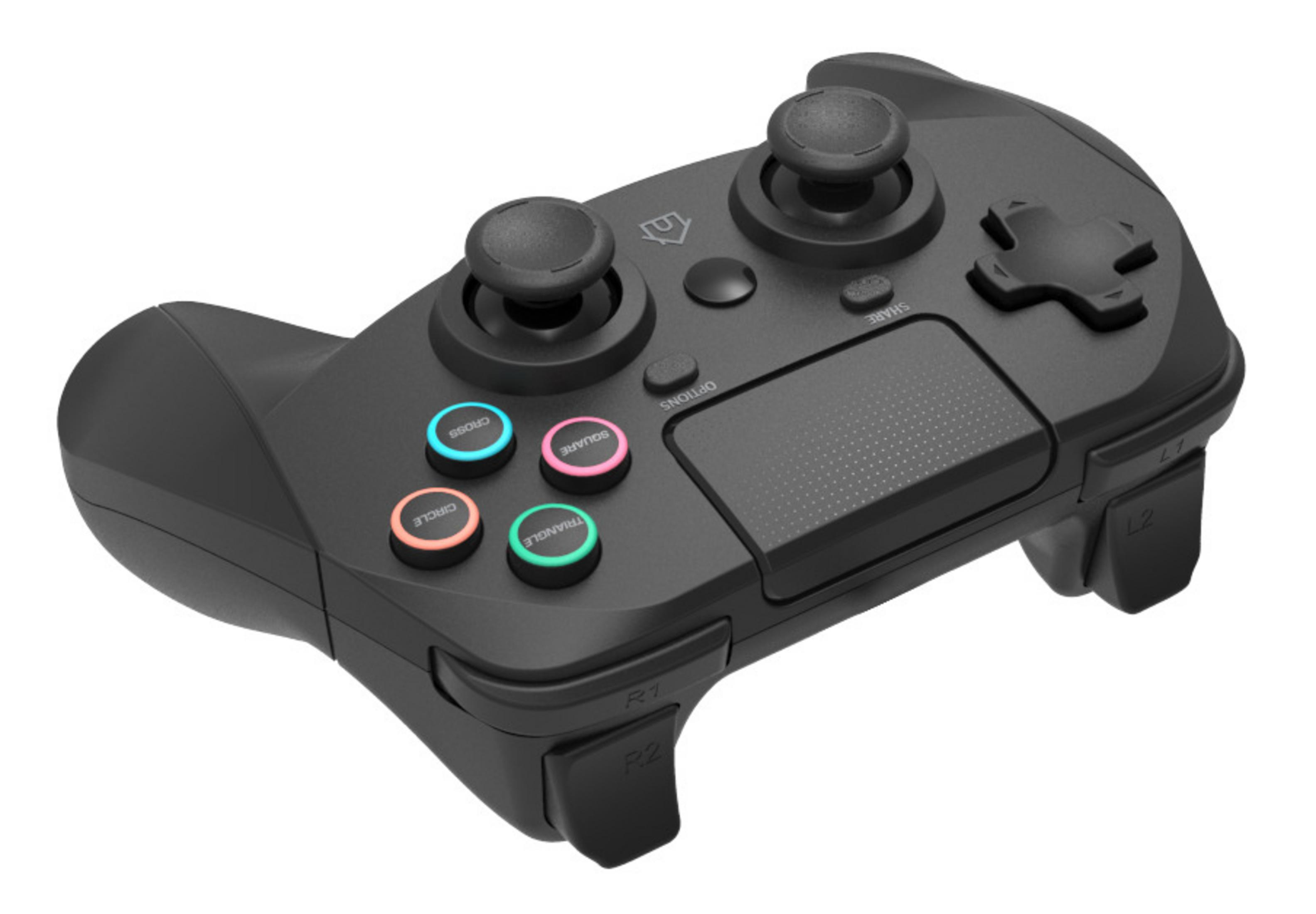 Schwarzer Gaming-Controller mit farbigen Knöpfen. Der Controller hat ein Touchpad und Tasten.